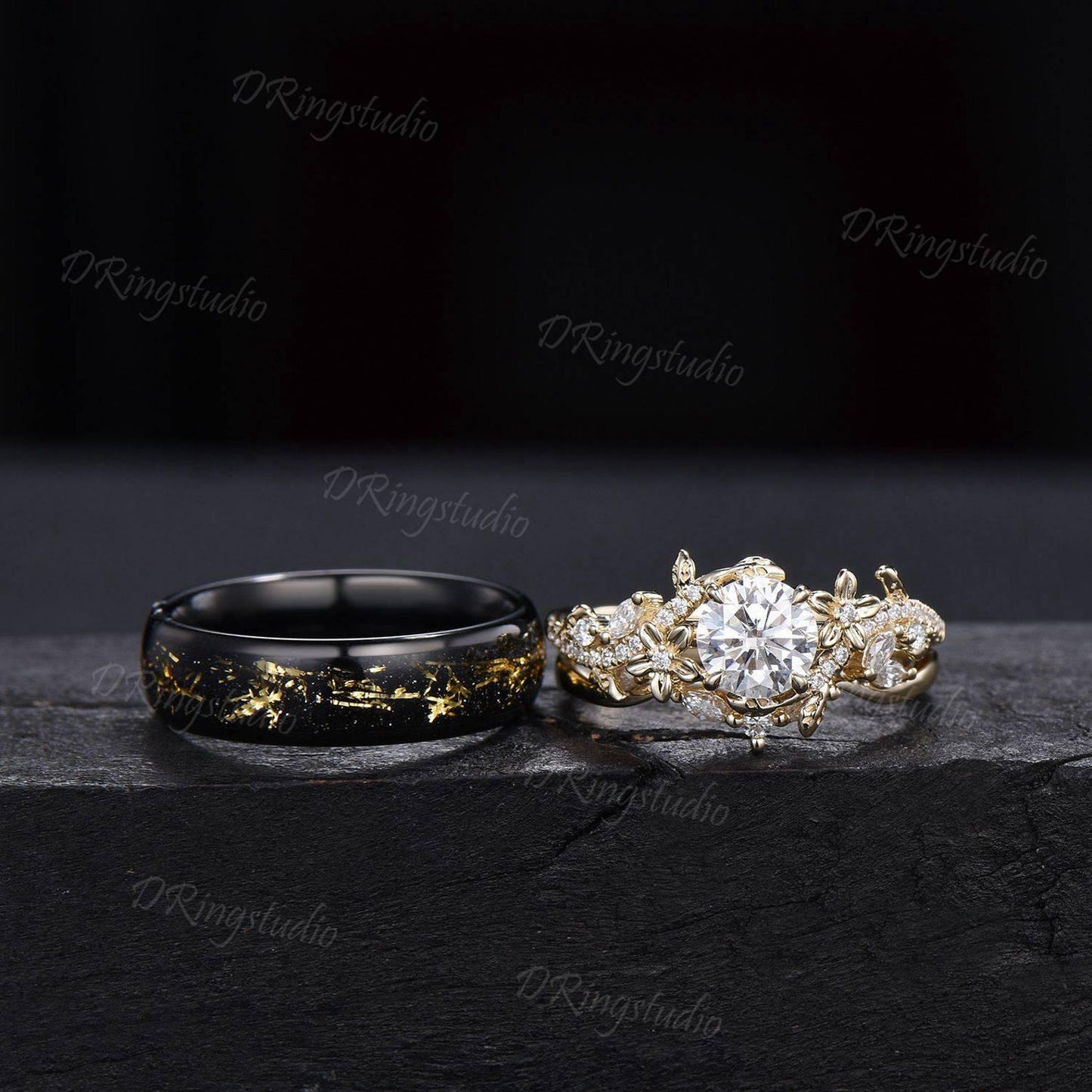 Nature Inspired Floral Round Moissanite Couple Ring Set Black Gold Leaf Tungsten Mens Wedding Ring Yellow Gold Flower Leaf Engagement Ring