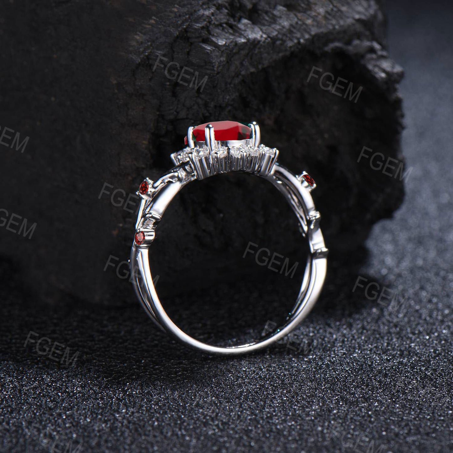 Sunflower Ruby Halo Engagement Ring Vintage Twig Vine Round Wedding Ring Sterling Silver Nature Inspired Floral Ruby Moissanite Promise Ring