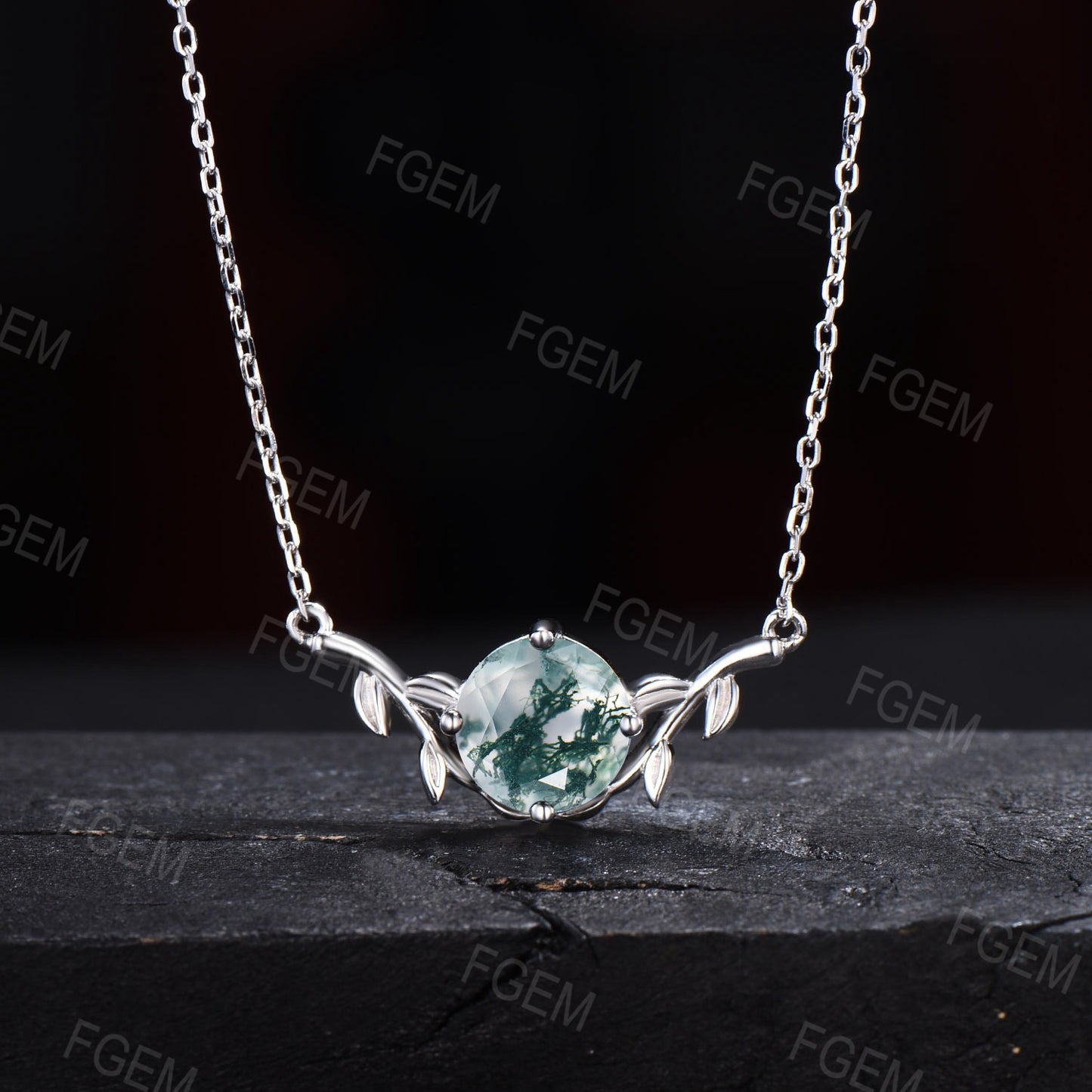 Nature Inspired Round Moss Agate Pendant Vintage Branch Leaf Green Moss Pendant Twig leaf Vine Moss Agate Jewelry Birthday Anniversary Gifts