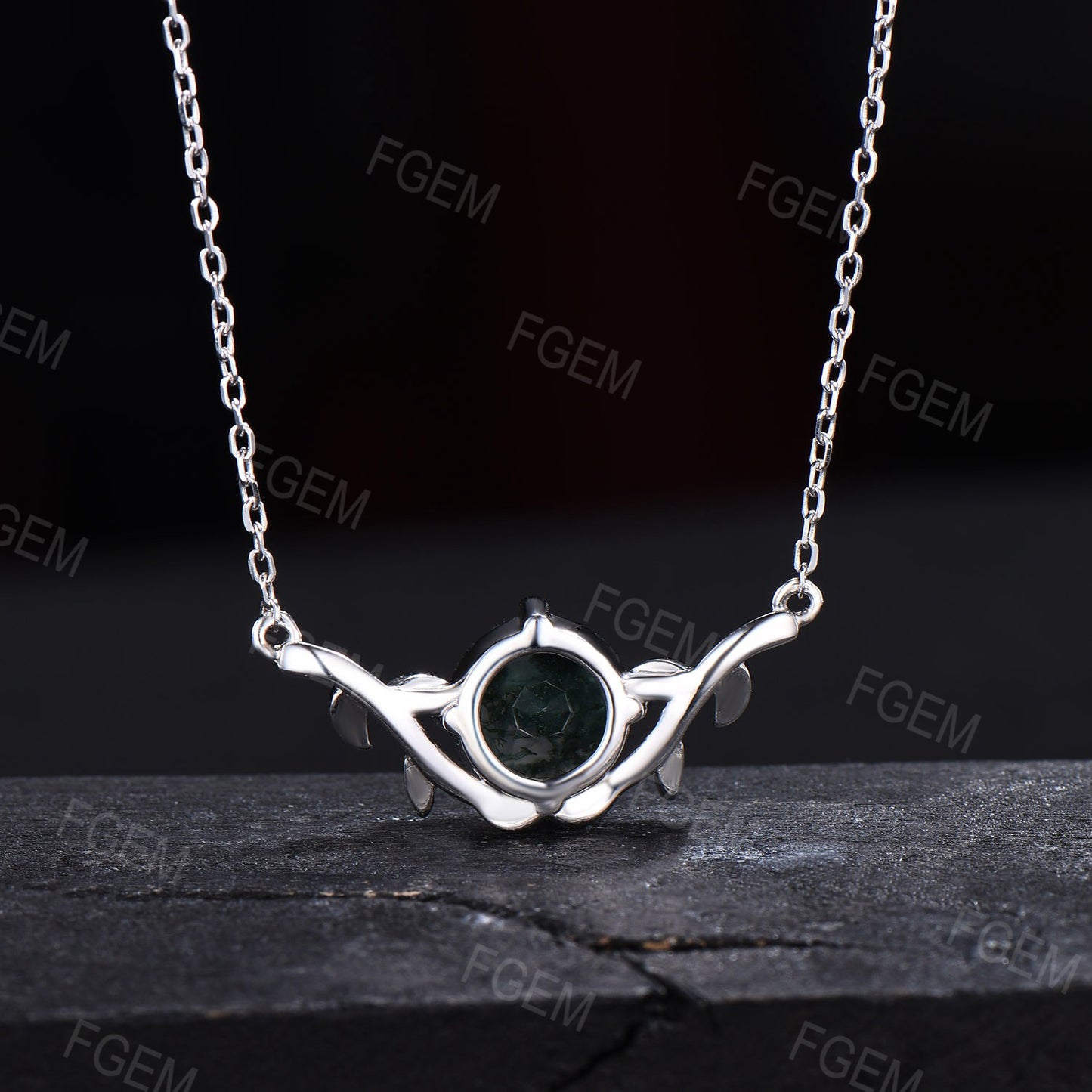 Nature Inspired Round Moss Agate Pendant Vintage Branch Leaf Green Moss Pendant Twig leaf Vine Moss Agate Jewelry Birthday Anniversary Gifts