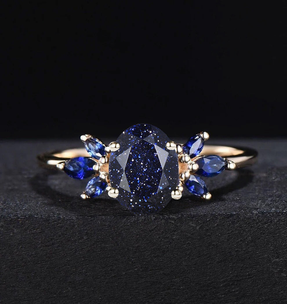 1.5ct Oval Cut Blue Sandstone Cluster Engagement Rings Galaxy Starry Sky Ring Black Gemstone Ring Unique Handmade Proposal Gifts for Women