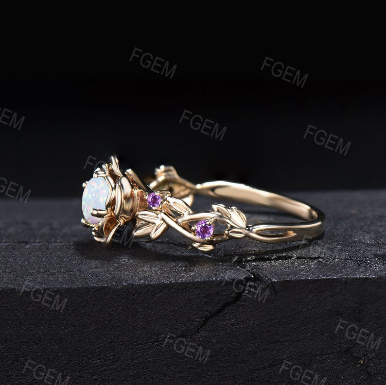 Gold Floral Engagement Ring 5mm Round Cut White Opal Twist Wedding Ring Nature Inspired Leaf Opal Jewelry Rose Flower Amethyst Promise Ring