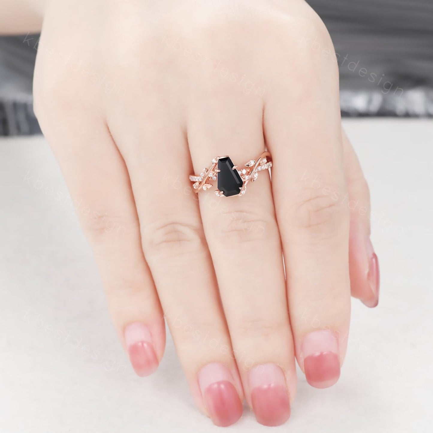 Coffin cut black onyx engagement ring Rose gold ring Art deco twig leaf moissanite wedding ring nature inspired ring bridal promise ring