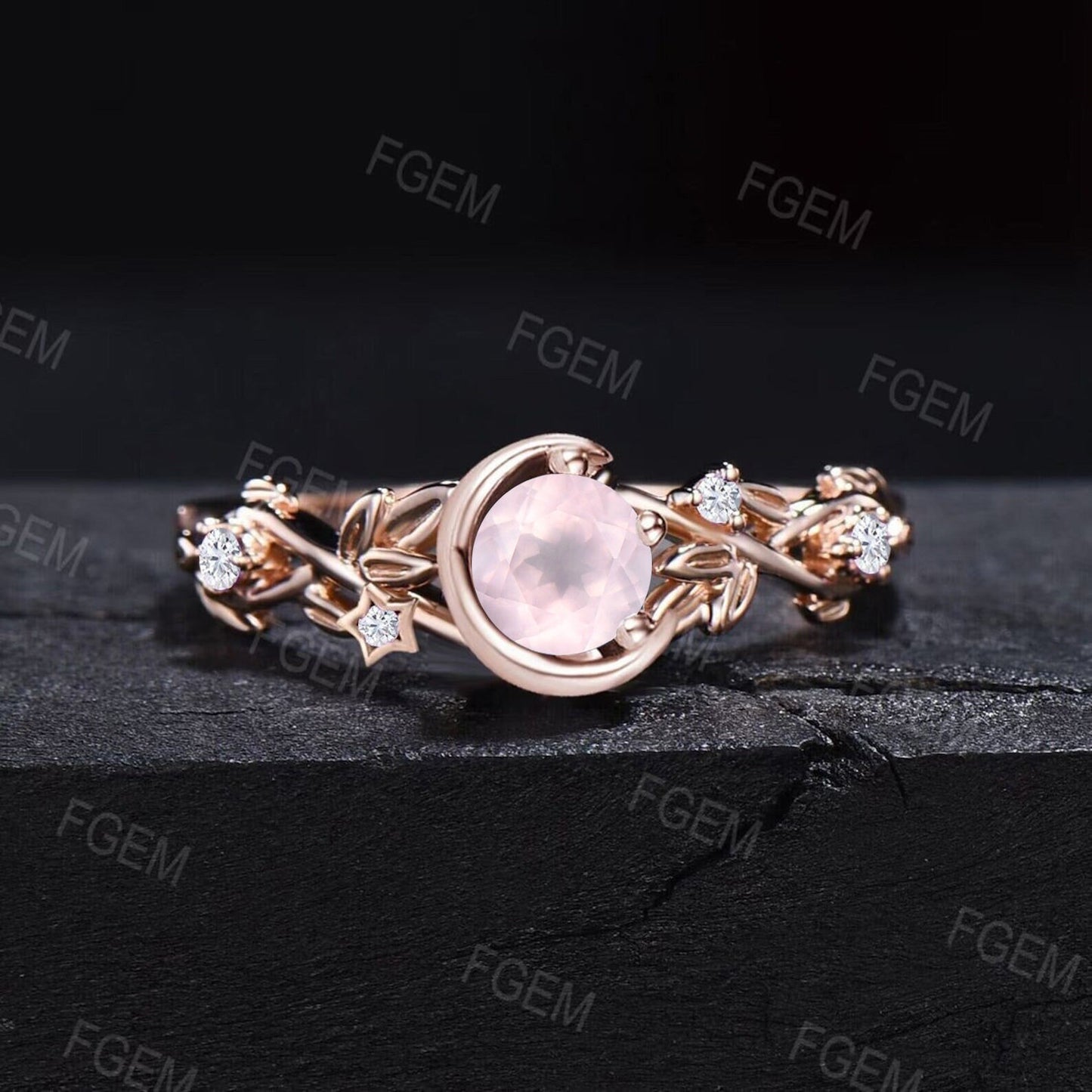 5mm Round Nature Inspired Natural Pink Rose Quartz Wedding Ring Moon Star Design Leaf Moissanite Diamond Ring Unique GraduationLover Gifts