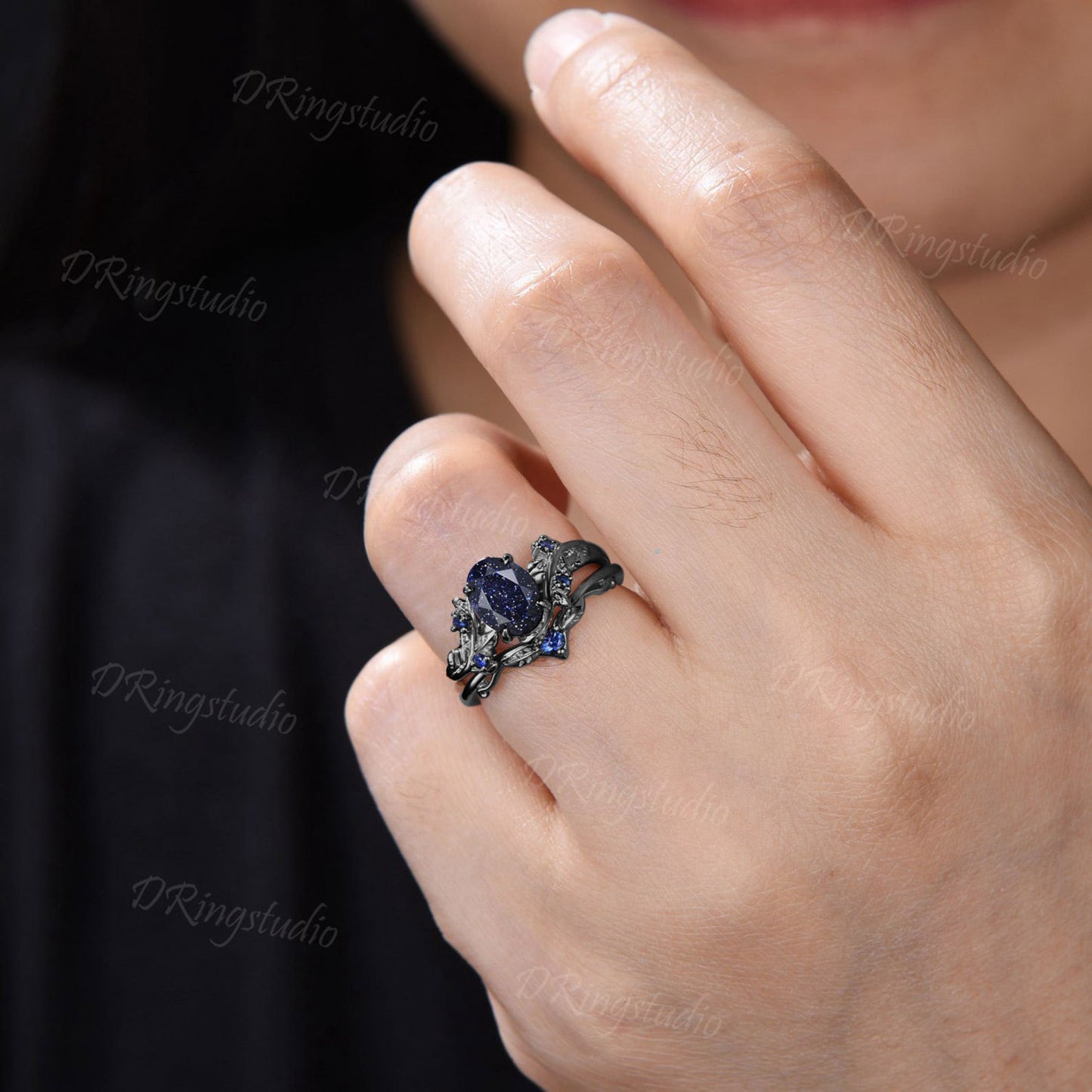 Black Gold Engagement Ring 1.5CT Oval Nature Inspired Starry Sky Galaxy Blue Sandstone Wedding Ring Set Cluster Blue Sapphire Bridal Sets