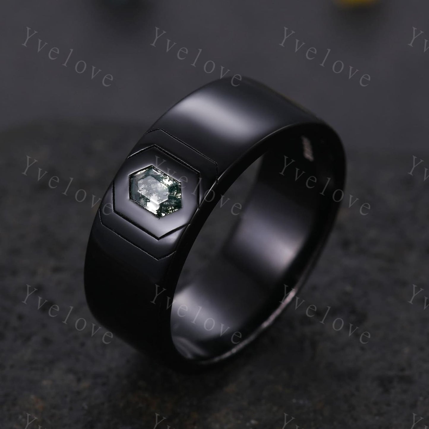 7mm Black Gold Mens Hexagon Moss Agate Wedding Band Nature Inspired Green Agate Engagement Ring Plain Band Mens Stacking Band Promise Ring