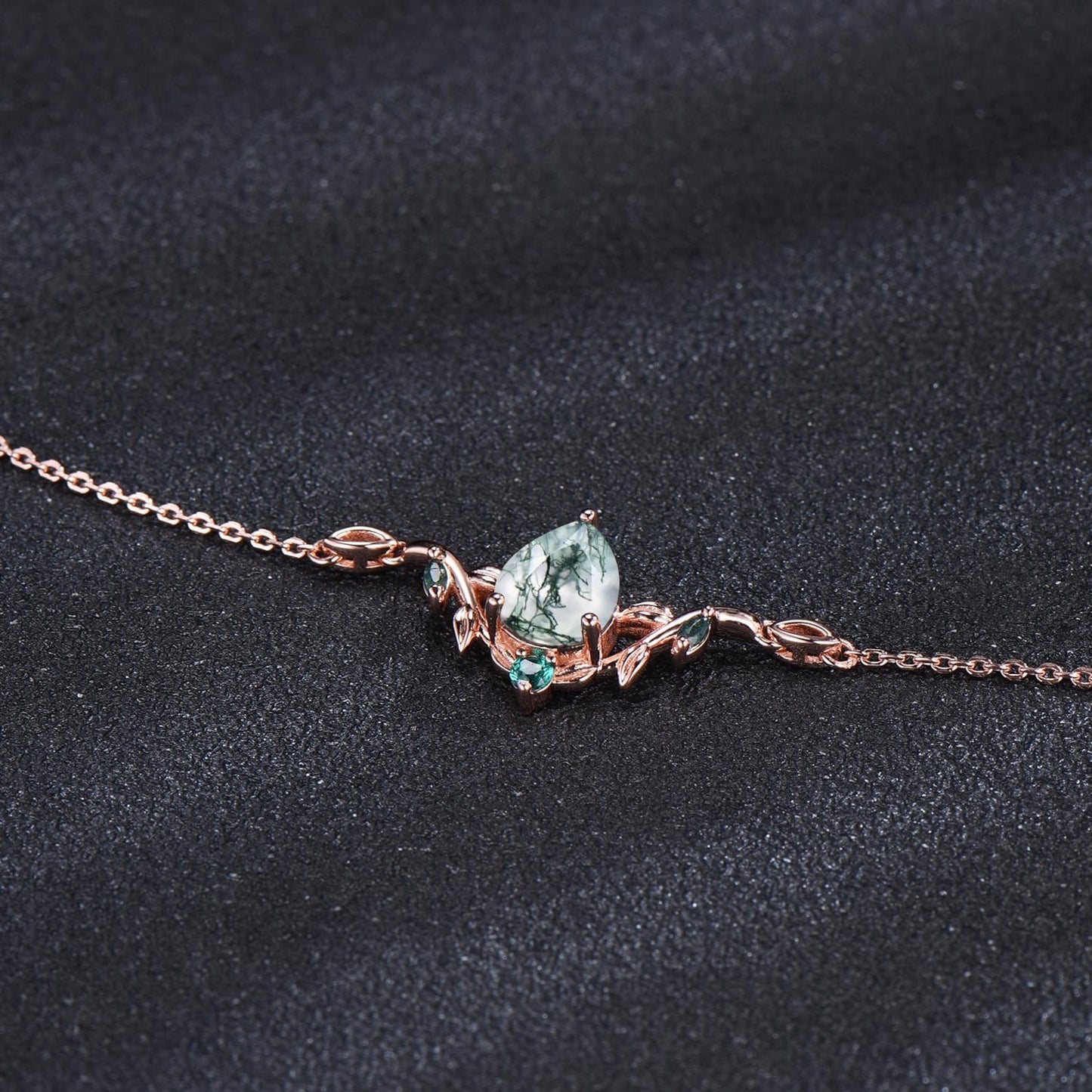 Rose Gold Branch Leaf Bracelet Nature Inspired Wedding Bracelet Pear Shaped Natural Moss Agate Bracelet Boho Bridal Jewelry Proposal Gift