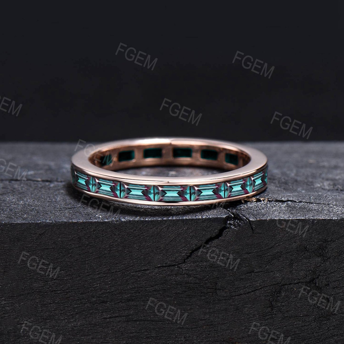 Baguette Cut Color-Change Alexandrite Wedding Band for Men/Women Vintage 10K/14K/18K Solid Rose Gold Matching Band Men Alexandrite Rings
