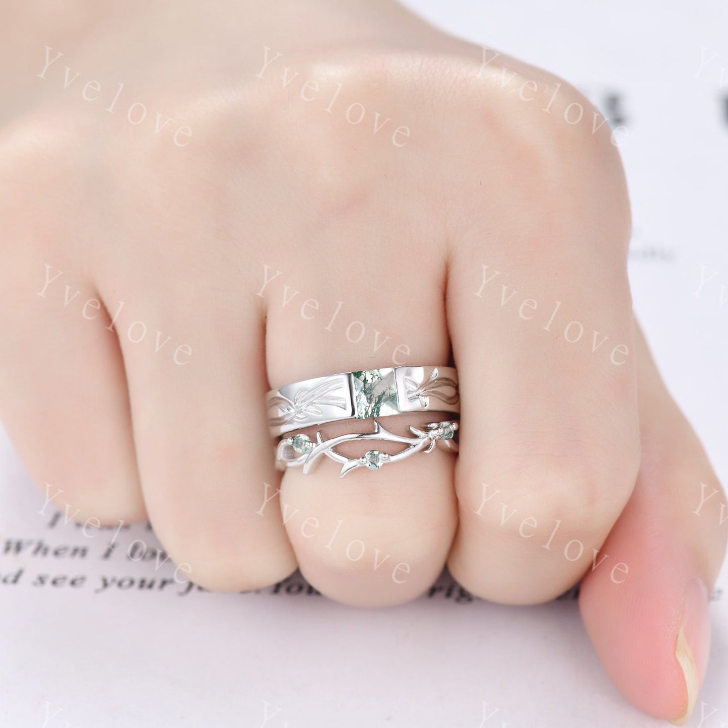 Sterling Silver Moss Agate & Twig Couples Rings Set- His & Hers Wedding Bands