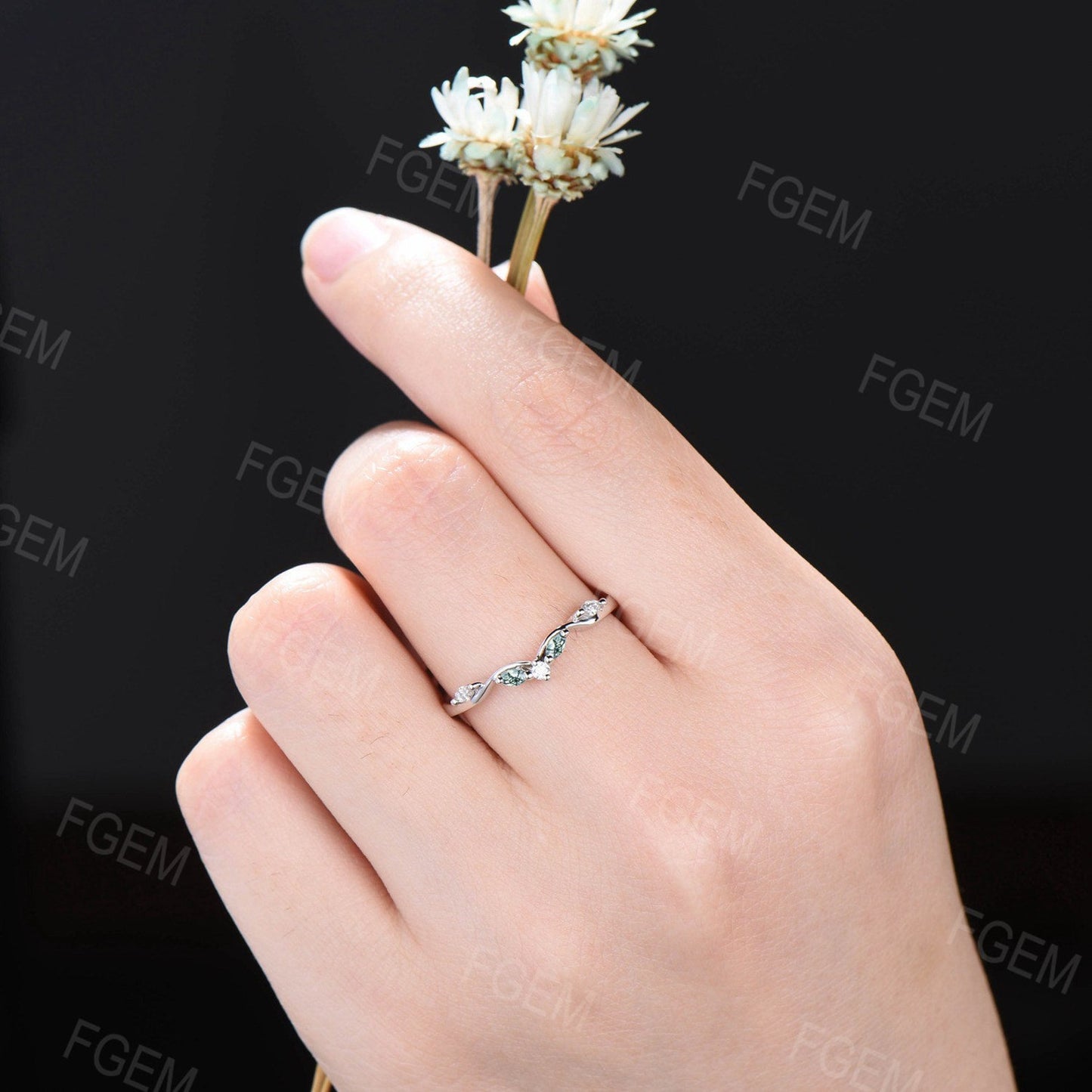 Marquise Moss Agate Contour Nature Wedding Band 10K White Gold Moissanite Nesting Band Ring Unique Vintage Stacking Matching Curved Bridal Band