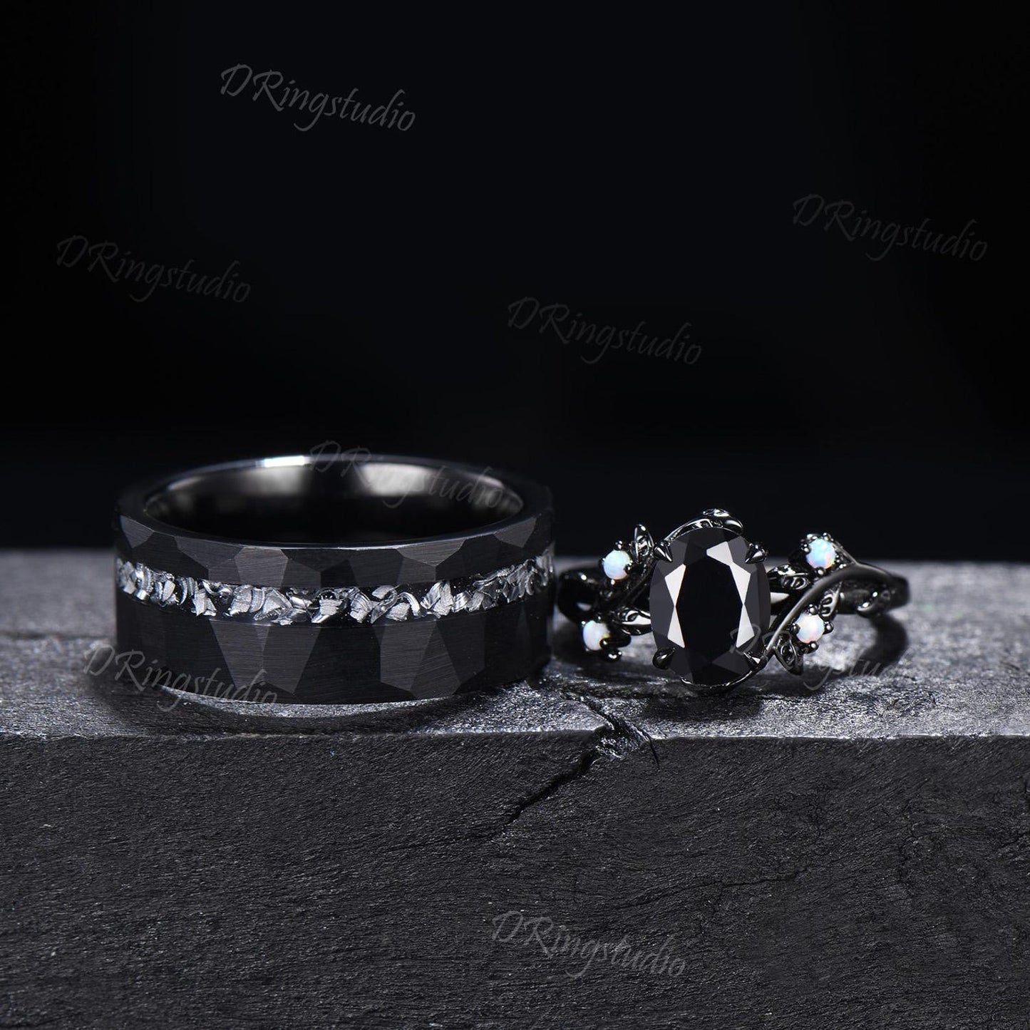 Gothic Natural Black Onyx Couples Promise Ring Set Black Gold Twig Leaf Witchy Engagement Ring Set Black Tungsten His and Hers Wedding Band