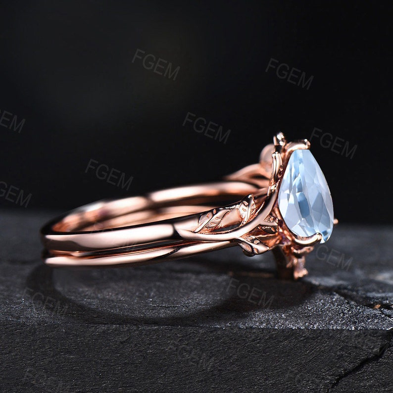 Natural Aquamarine Bridal Set Nature Inspired Engagement Rings Solid 14K Rose Gold Ring Unique Leaf Wedding Ring Set March Birthstone Gift