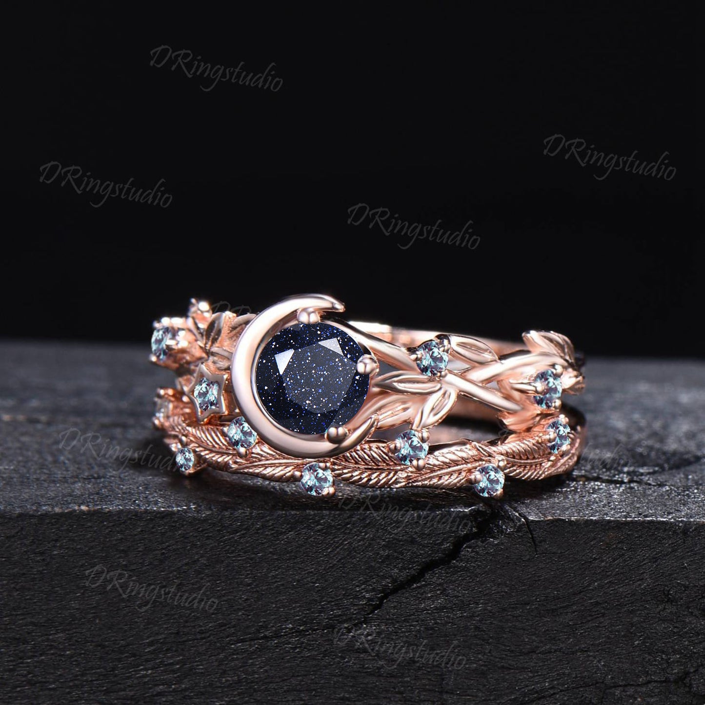 Moon Star Galaxy Blue Sandstone Ring Set Nature Inspired Alexandrite Leafy Ring Leaf Vine Sandstone Bridal Set Nebula Ring Proposal Gifts