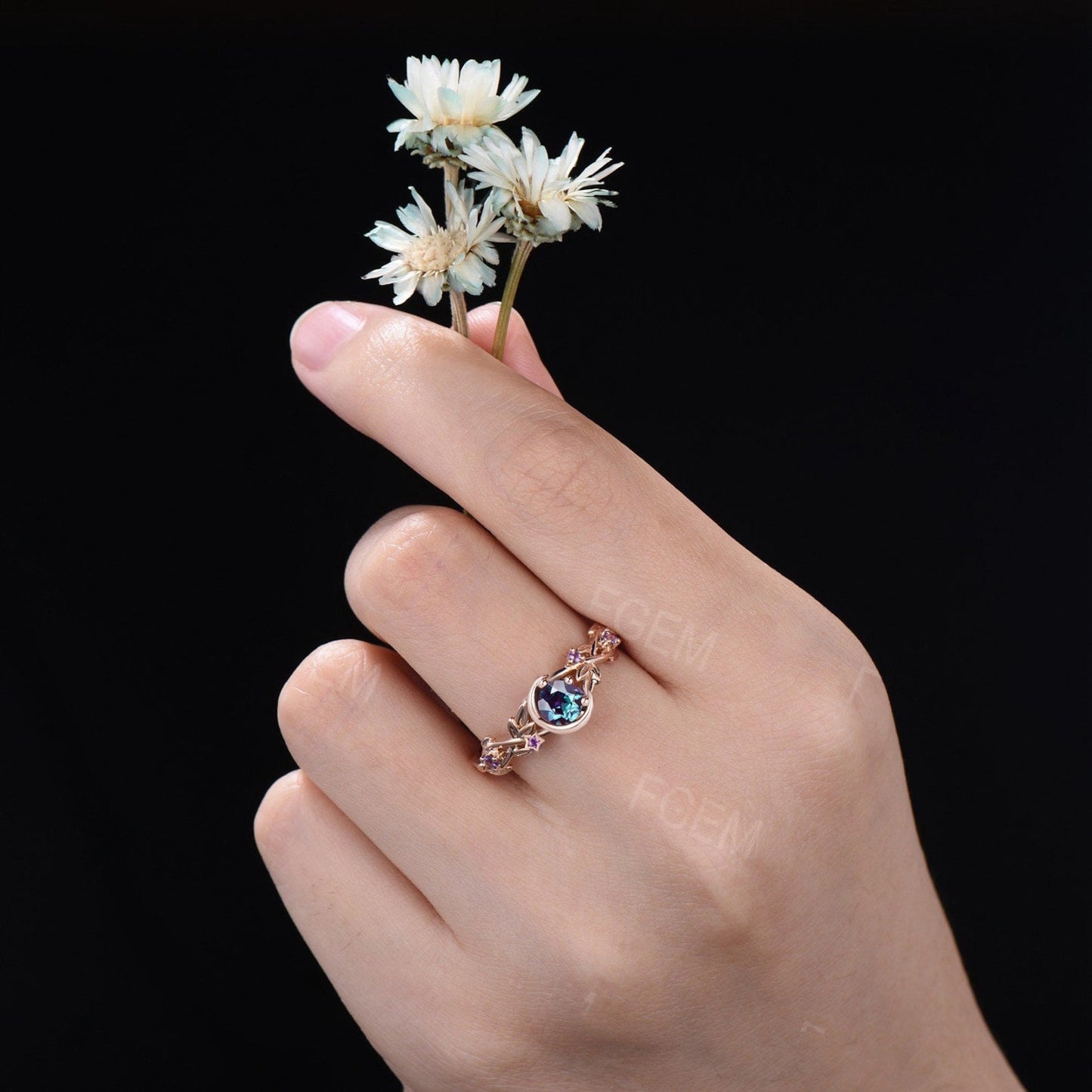 Nature Inspired Color-Change Alexandrite Amethyst Engagement Ring Moon Star Design Round Alexandrite Ring Branch Leaf Amethyst Wedding Ring