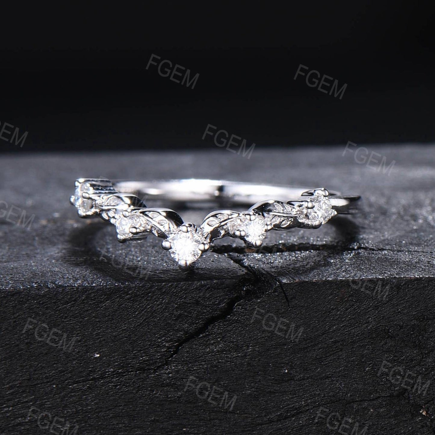 Nature Inspired Wedding Band Contour Curved Band 10K White Gold Moissanite Diamond Nesting Band Unique Vintage Stacking Matching Ring Bridal Gift