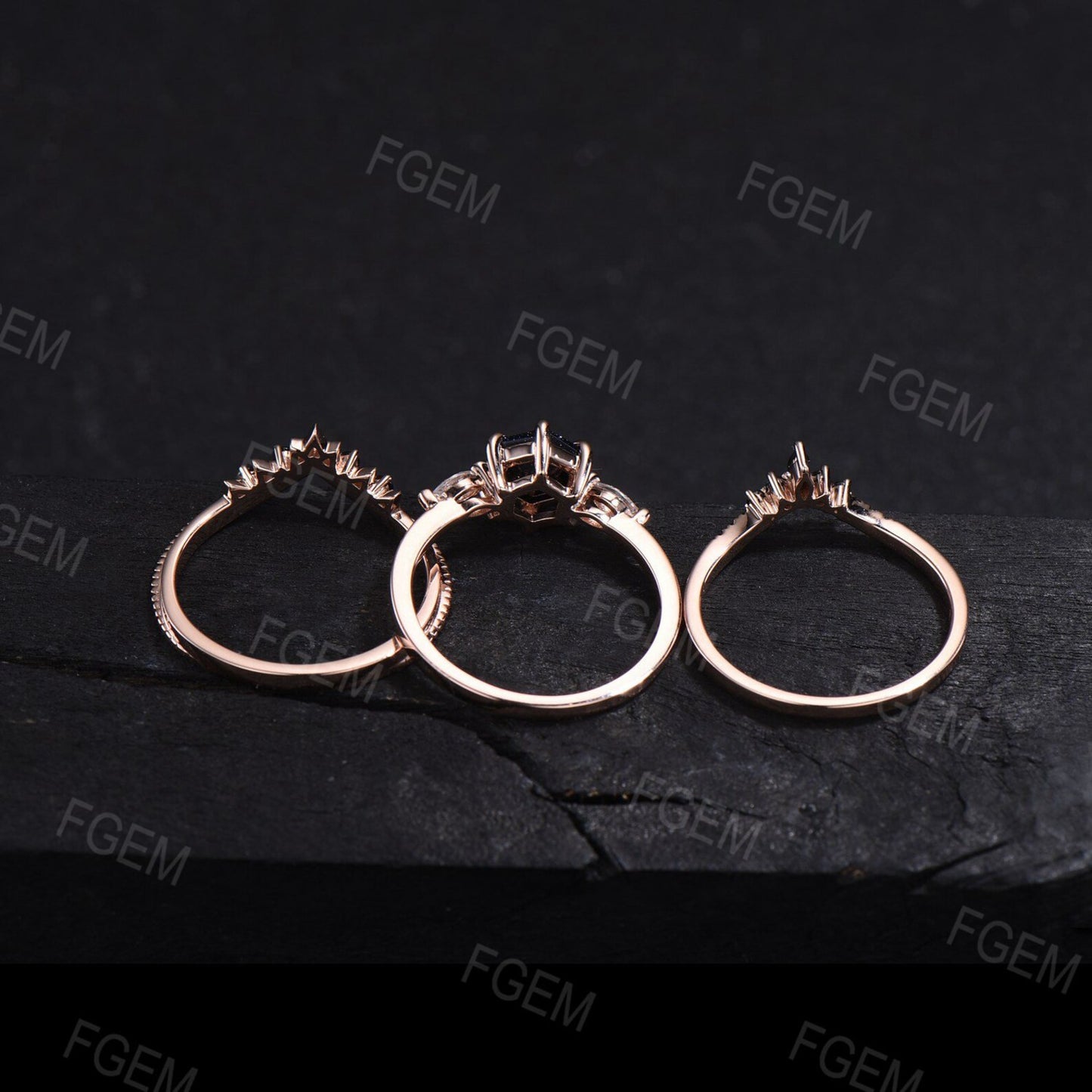 3pcs 1ct Hexagon Natural Garnet and Black Diamond Ring Set Rose Gold Red Garnet Ring Black Diamond Wedding Band Antique January Birthstone Gifts