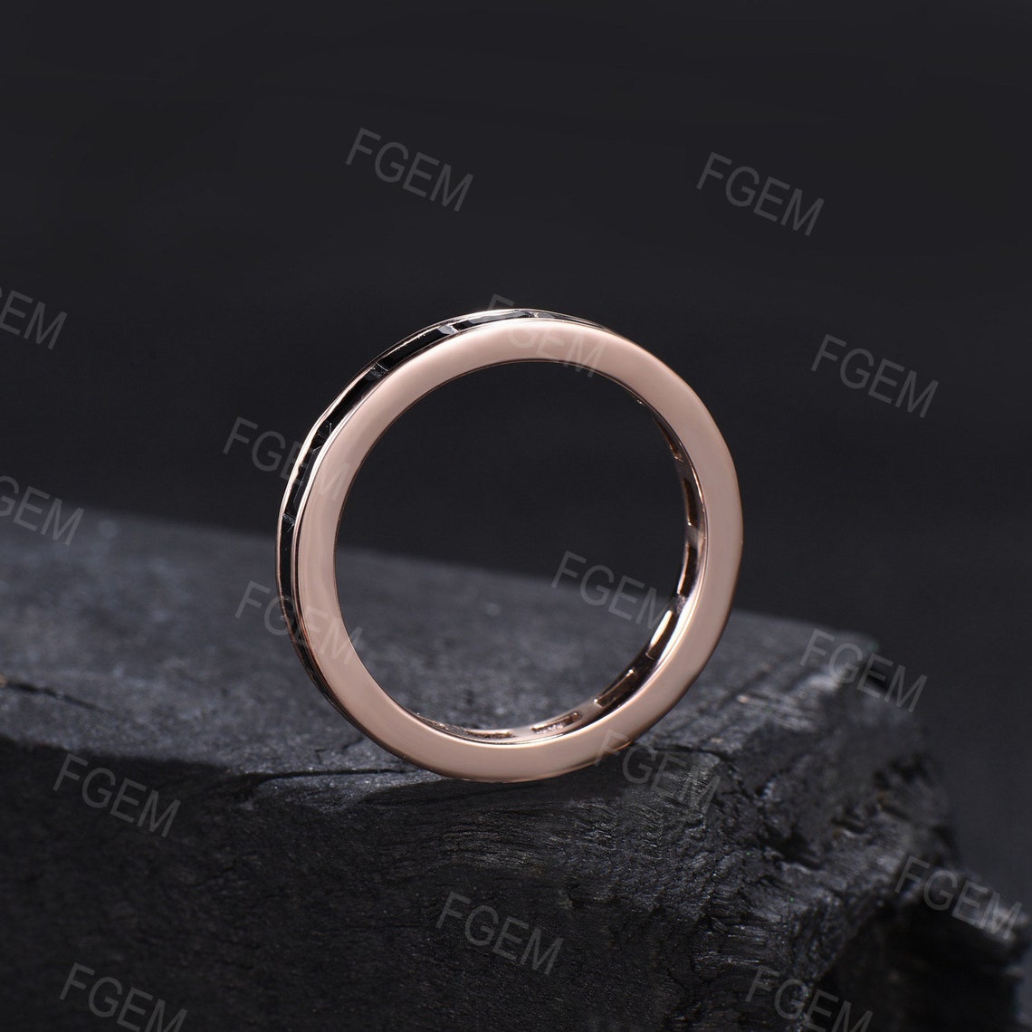 Baguette Cut Natural Black Spinel Wedding Band for Men Vintage 10K/14K/18K Solid Rose Gold Stacking Matching Band for Men Black Onyx Band
