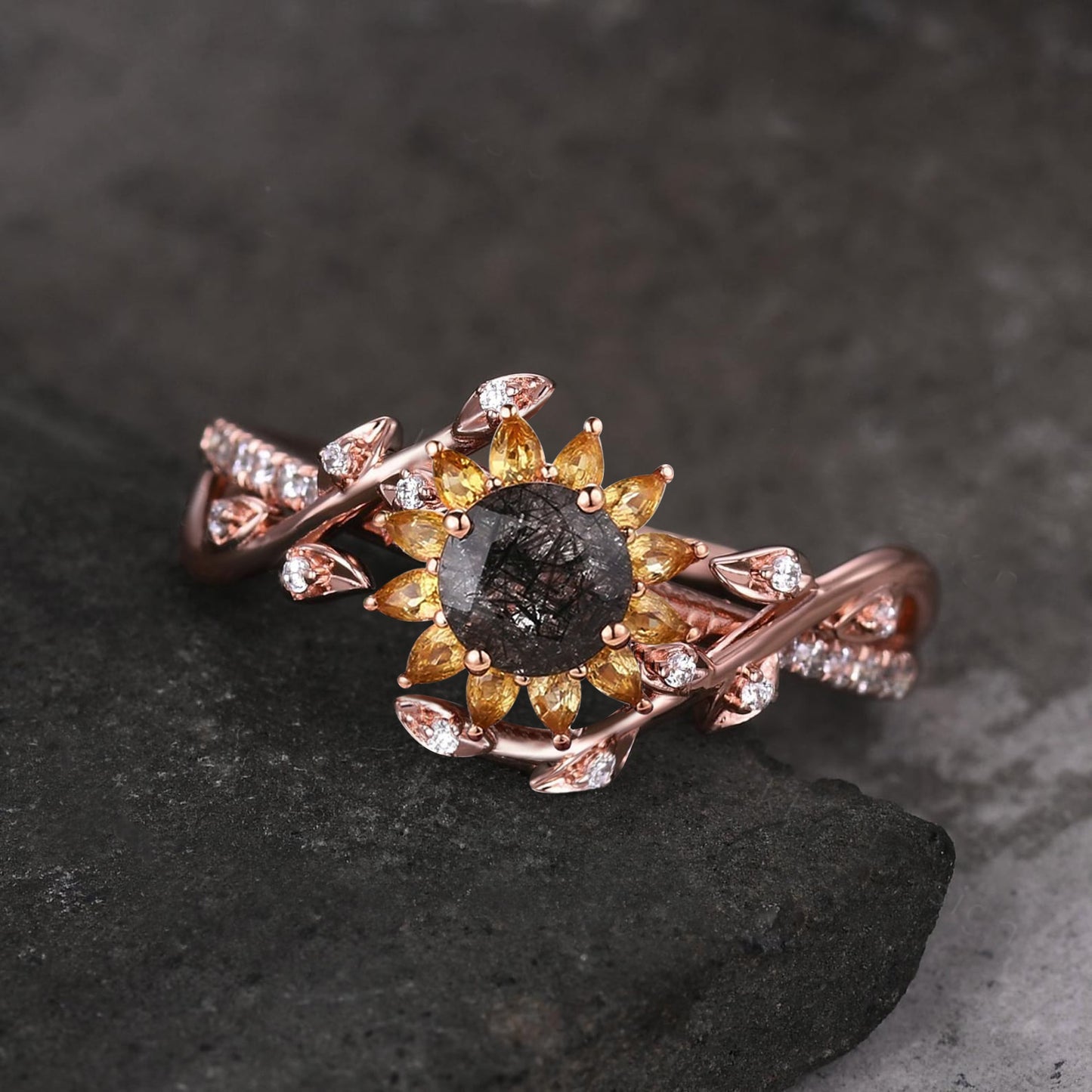 Nature Inspired Sunflower Natural Yellow Citrine Black Rutilated Quartz Floral Engagement Ring