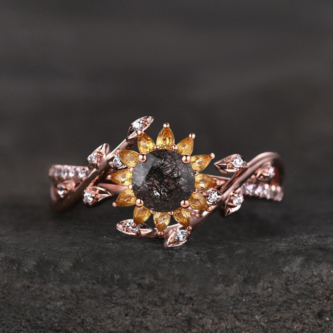 Nature Inspired Sunflower Natural Yellow Citrine Black Rutilated Quartz Floral Engagement Ring