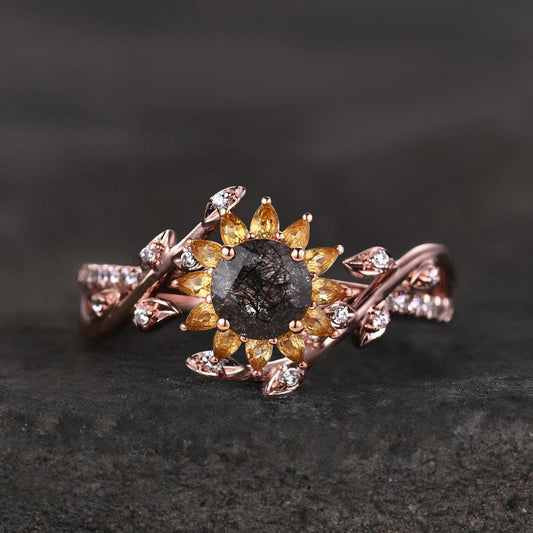 Nature Inspired Sunflower Natural Yellow Citrine Black Rutilated Quartz Floral Engagement Ring