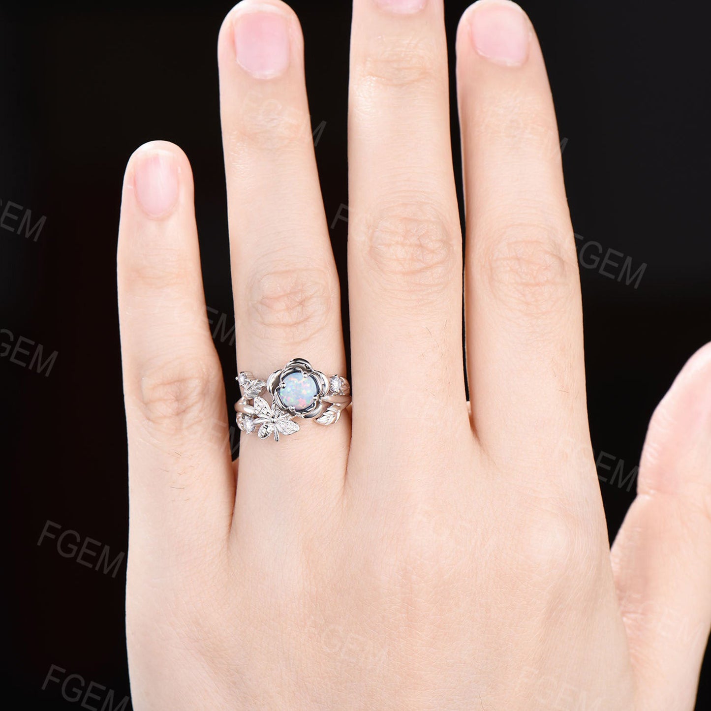 Honey Bee Rose Flower Engagement Ring 5mm Round Cut White Opal Engagement Ring Nature Inspired Leaf Floral Opal Ring October Birthstone Gift
