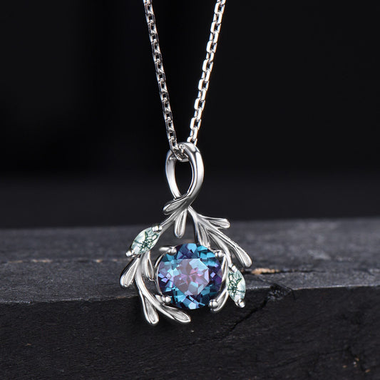Vintage Alexandrite Leaf Pendant Necklace White Gold Olive Branch Pendant Nature Inspired Moss Agate Silver Necklace Valentines Gift For Her