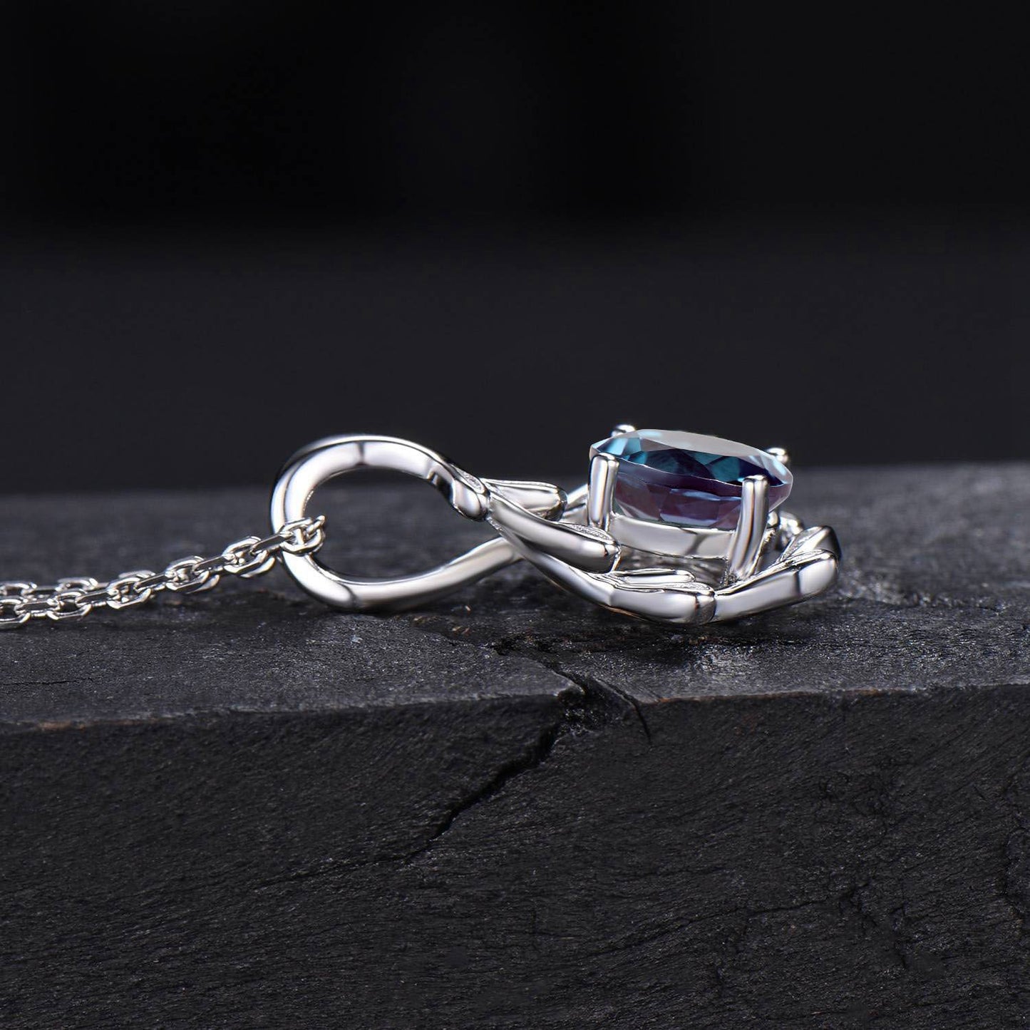 Vintage Alexandrite Leaf Pendant Necklace White Gold Olive Branch Pendant Nature Inspired Moss Agate Silver Necklace Valentines Gift For Her