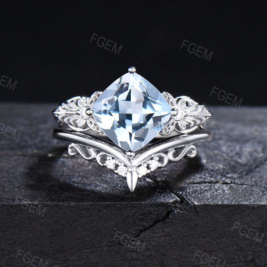 Art Deco Cushion Cut Natural Aquamarine Engagement Ring Set 14k White Gold Moissanite Diamond Promise Ring March Birthstone Butterfly Ring
