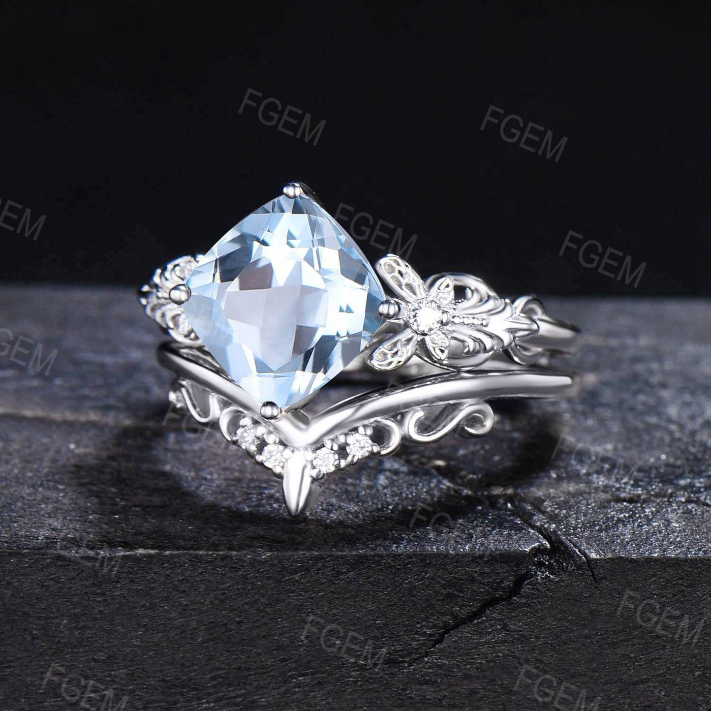 Art Deco Cushion Cut Natural Aquamarine Engagement Ring Set 14k White Gold Moissanite Diamond Promise Ring March Birthstone Butterfly Ring