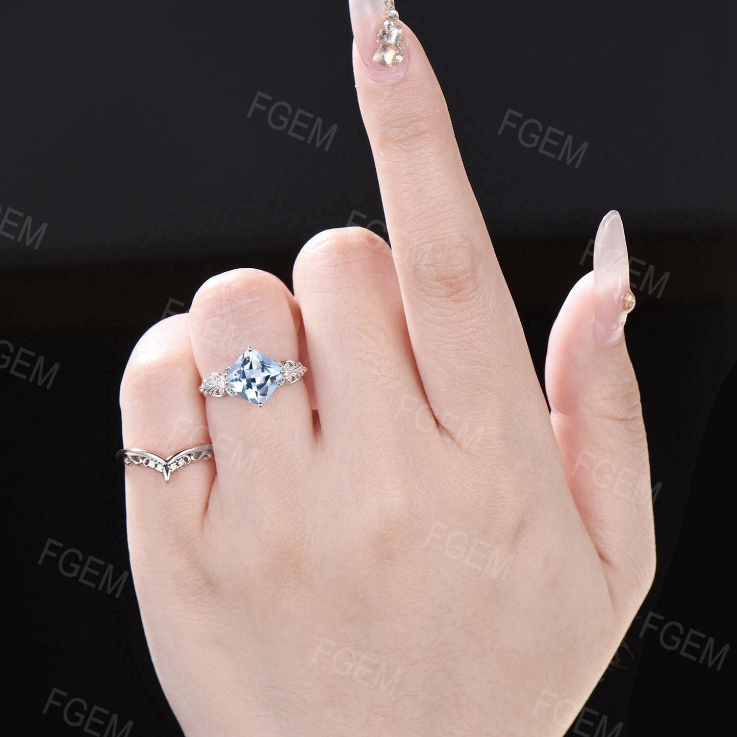 Art Deco Cushion Cut Natural Aquamarine Engagement Ring Set 14k White Gold Moissanite Diamond Promise Ring March Birthstone Butterfly Ring