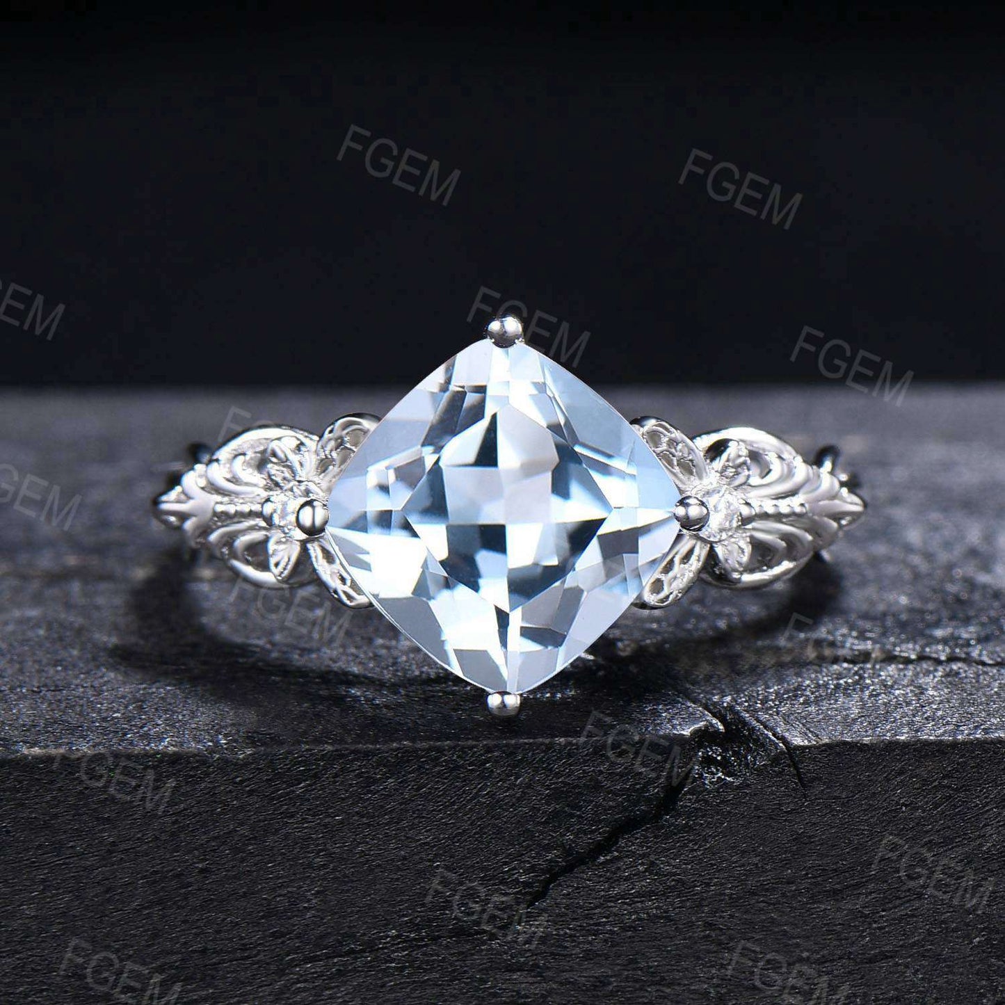 Art Deco Cushion Cut Natural Aquamarine Engagement Ring Set 14k White Gold Moissanite Diamond Promise Ring March Birthstone Butterfly Ring