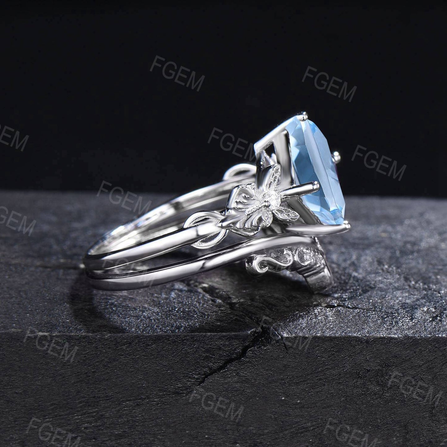 Art Deco Cushion Cut Natural Aquamarine Engagement Ring Set 14k White Gold Moissanite Diamond Promise Ring March Birthstone Butterfly Ring