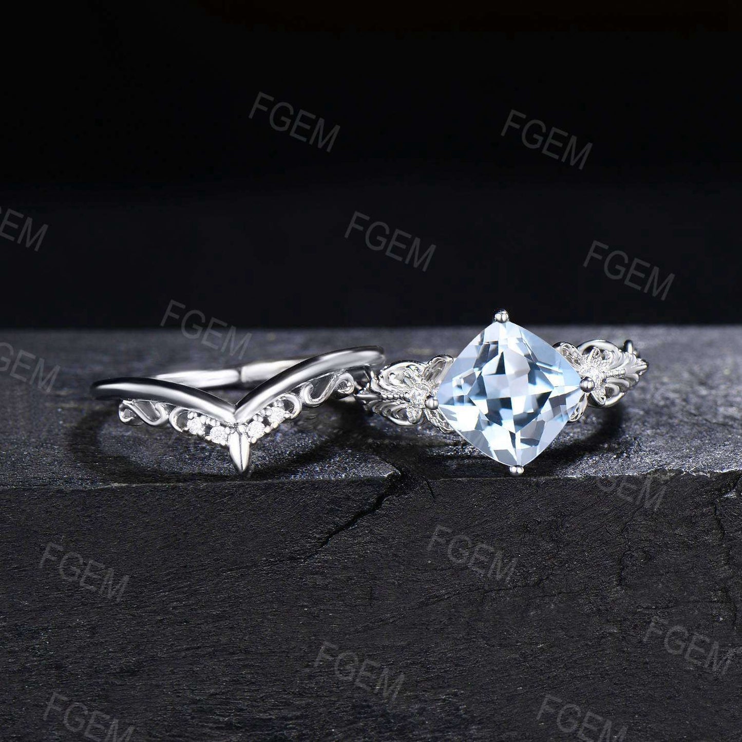 Art Deco Cushion Cut Natural Aquamarine Engagement Ring Set 14k White Gold Moissanite Diamond Promise Ring March Birthstone Butterfly Ring