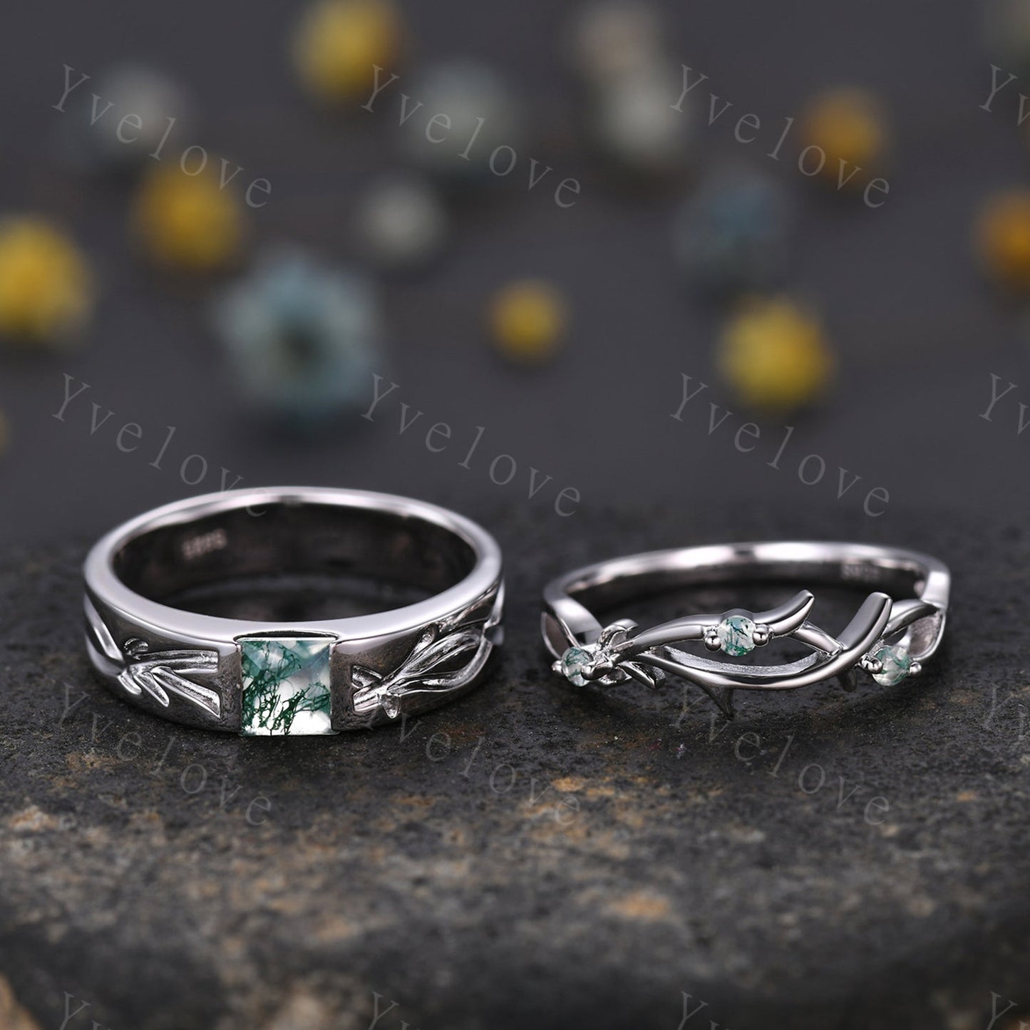 Sterling Silver Moss Agate & Twig Couples Rings Set- His & Hers Wedding Bands