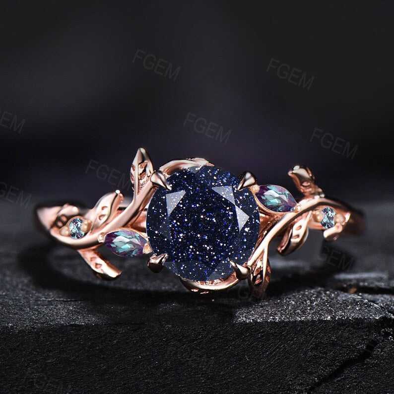 Nature Inspired Galaxy Blue Sandstone Leaf Engagement Ring Round Blue Goldstone Cluster Natural Black Spinel Promise Ring Anniversary Gifts