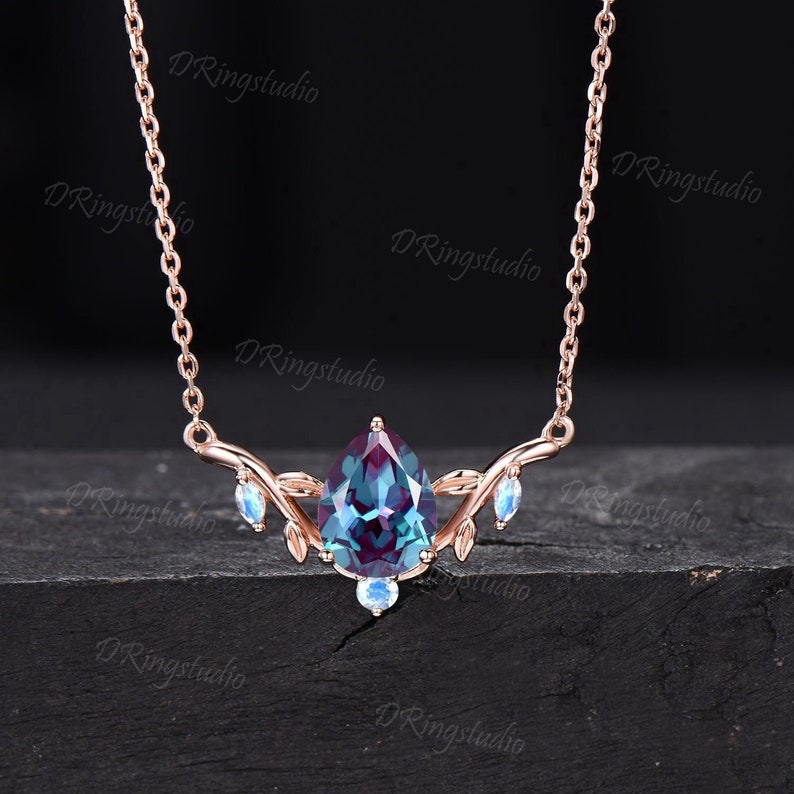 Nature Inspired Teardrop Alexandrite Necklace Rose Gold Branch Leaf Vine Bridal Necklace Unique Moonstone Pendant Anniversary Proposal Gift