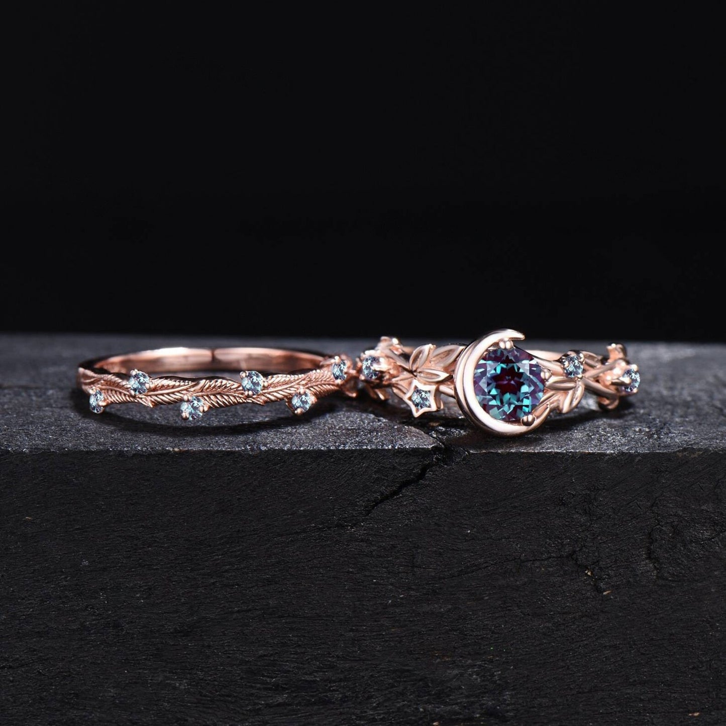 Nature Inspired Color-Change Alexandrite Engagement Ring Moon Star Design Round Alexandrite Ring Branch Leaf June Birthstone Wedding Rings