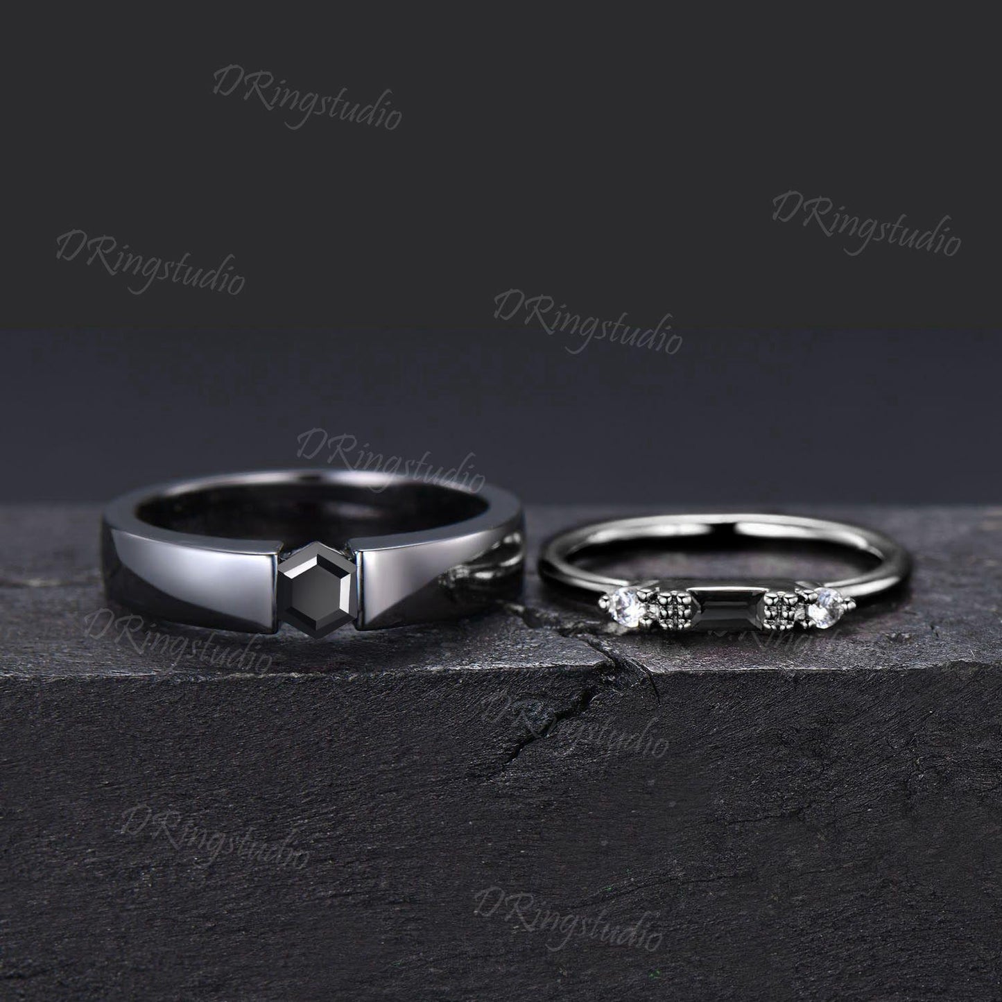 Goth Black Onyx Couple Rings Set Witchy Silver Black Gold Plated Matching Couples Ring Black Gemstone Ring