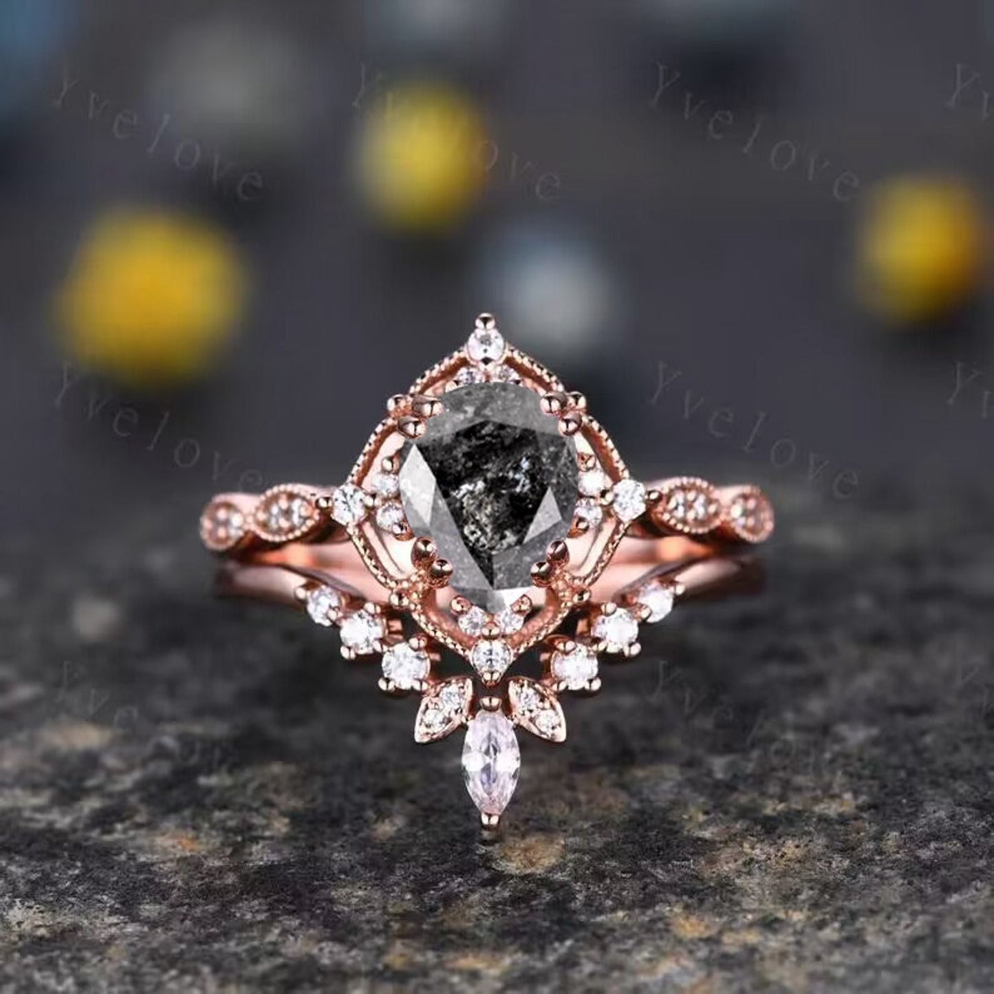 Vintage Salt & Pepper Diamond Pear Engagement Ring Set 14K Gold