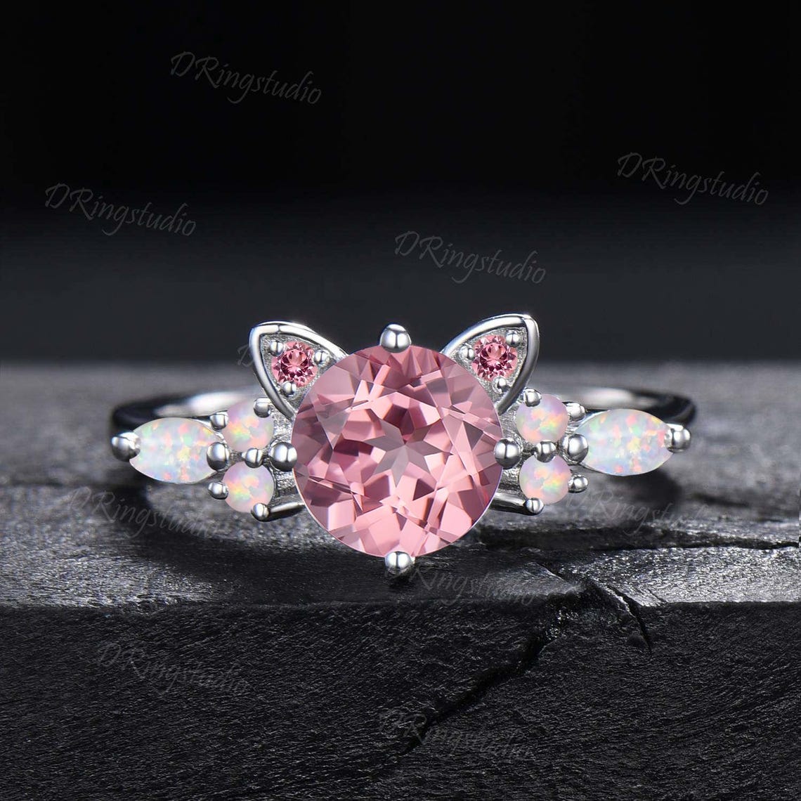 7mm Round Padparadscha Pink Sapphire Cat Tail Engagement Ring Set White Gold Dainty Kitten Ring Pink Gemstone Opal Bridal Set For Cat Lover