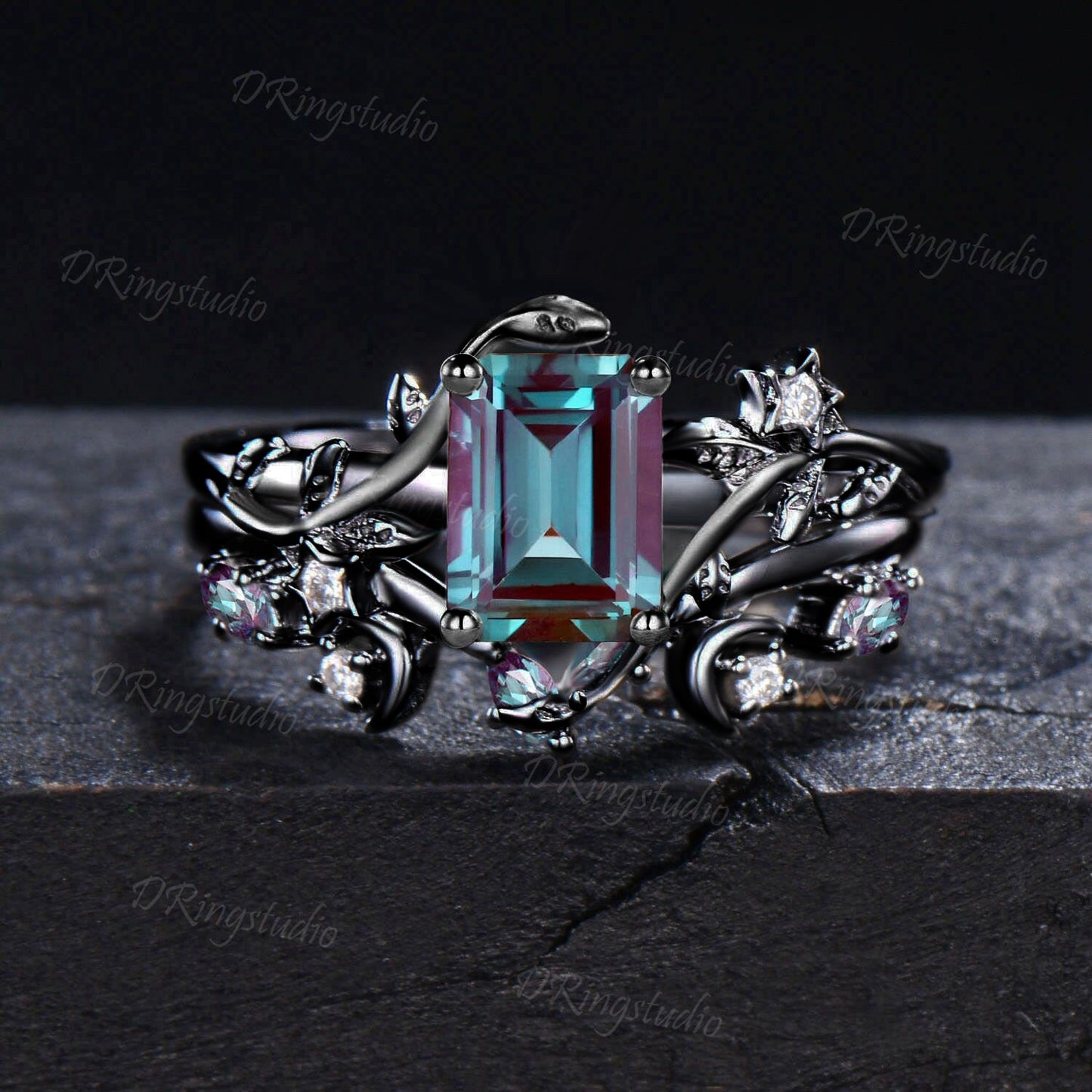 Princess Cut Alexandrite Engagement Ring Set Nature Inspired Black Gold Ring Moon Leaf Moissanite Wedding Ring Set