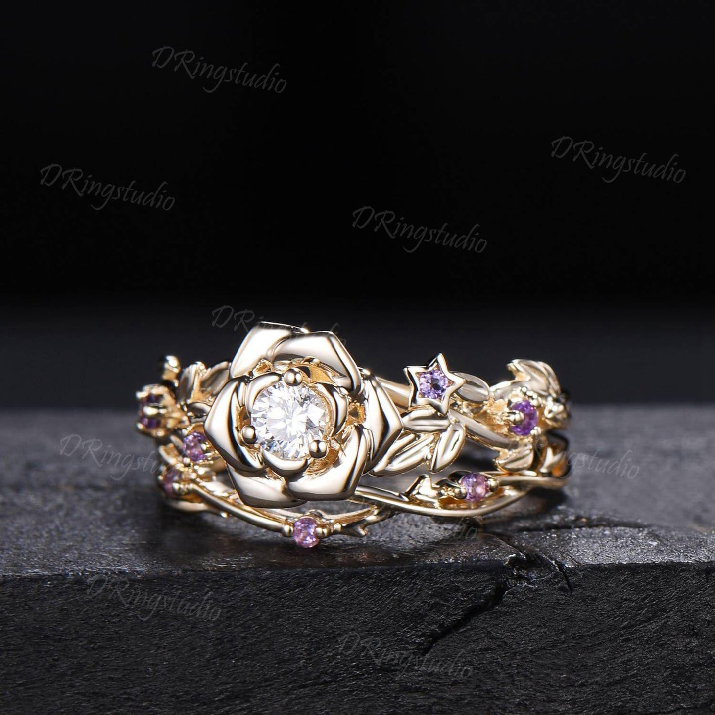 Round Lab Grown Diamond Flower Engagement Ring Set Floral Branch Leaf Bridal Set Amethyst Wedding Band 14K Yellow Gold Anniversary Gift