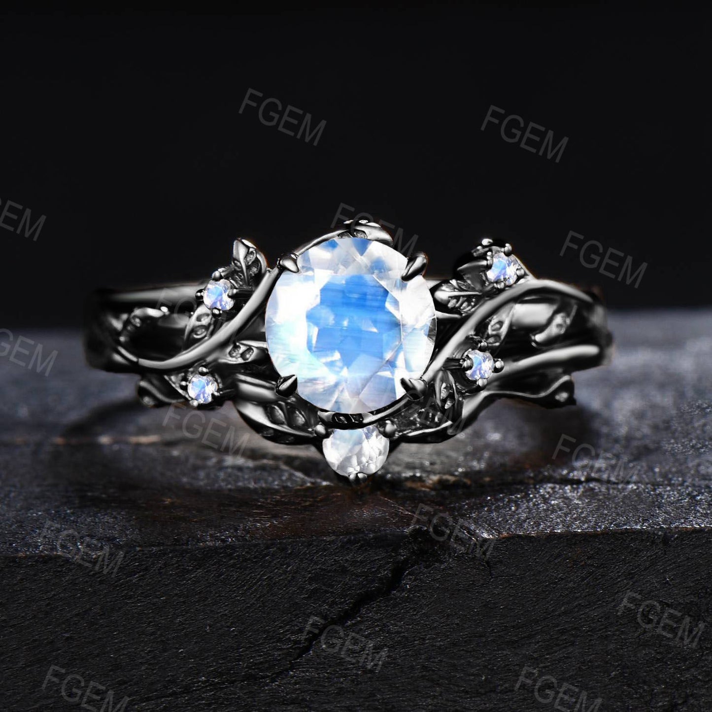 Black Gold Engagement Ring 6.5mm Round Rainbow Moonstone Ring Set Branch Leaf Natural Moonstone Bridal Set Blue Crystal Ring Proposal Gifts