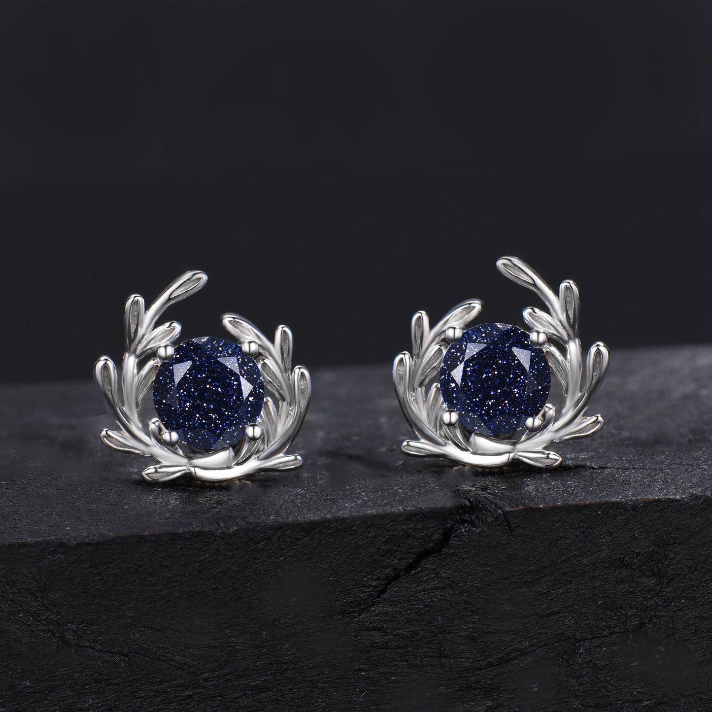 Nature Inspired Galaxy Blue Sandstone Stud Earrings Silver White Gold Olive Branch Earrings Boho Leaf Earrings Minimalist Jewelry Women Gift