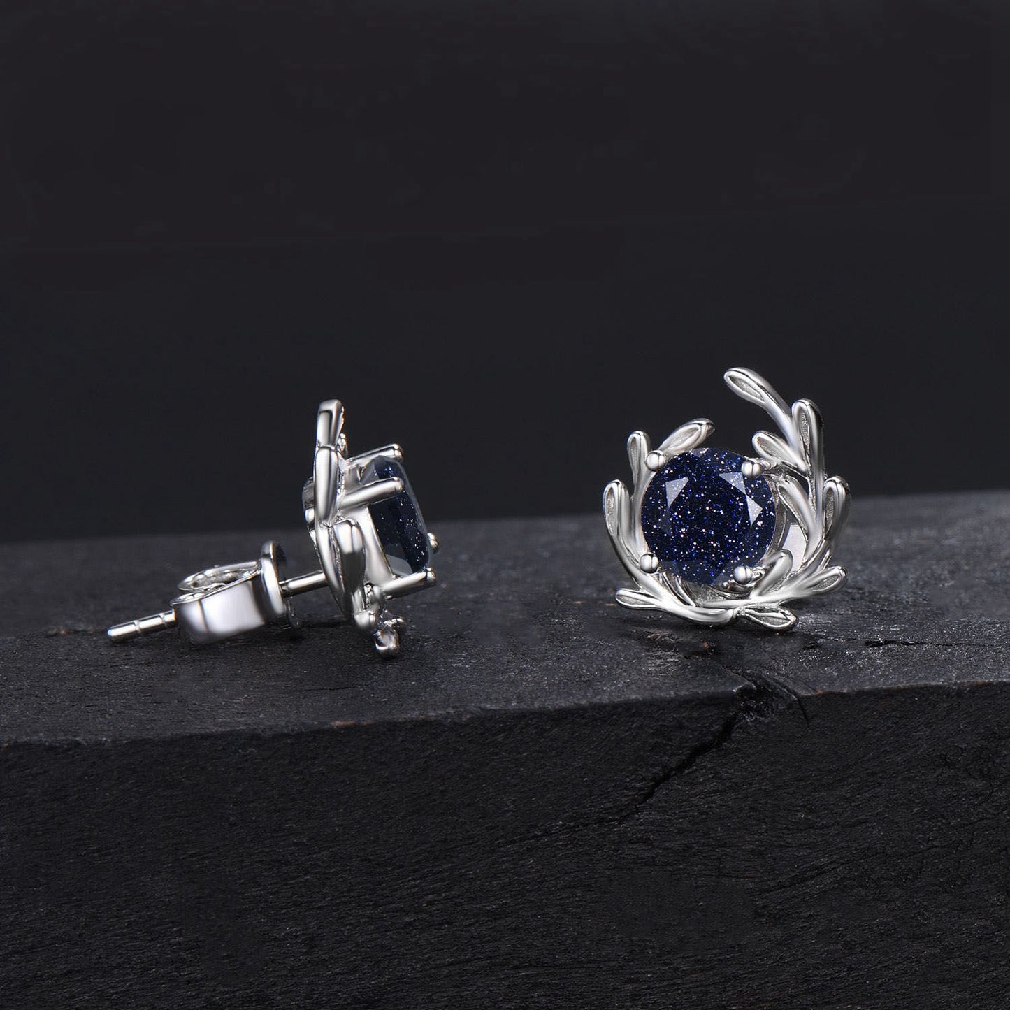 Nature Inspired Galaxy Blue Sandstone Stud Earrings Silver White Gold Olive Branch Earrings Boho Leaf Earrings Minimalist Jewelry Women Gift