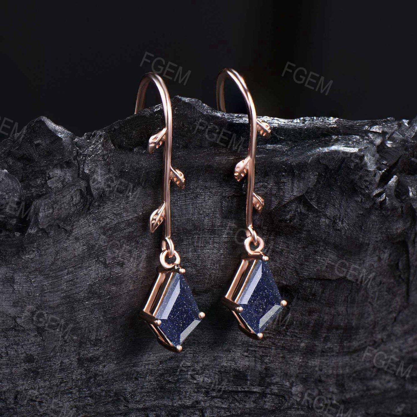 Vintage Kite Galaxy Blue Sandstone Drop Earrings Nature Inspired Blue Goldstone Dangle Earrings Rose Gold Branch Leaf Earrings Wedding Gifts