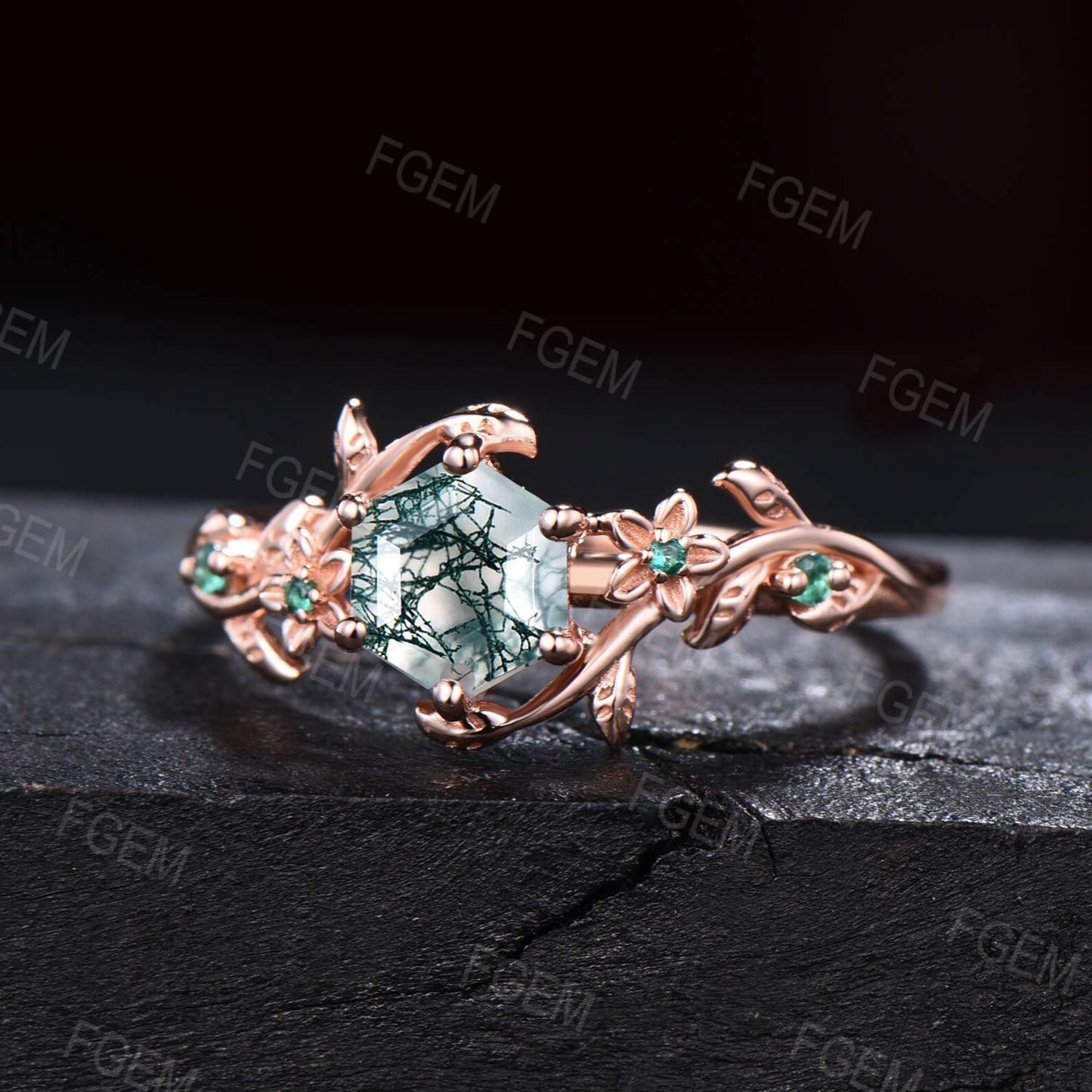 1ct Natural Hexagon Moss Agate Ring Vintage Nature Engagement Ring Floral Green Emerald Ring Healing Gemstone Unique Flower Promise Rings