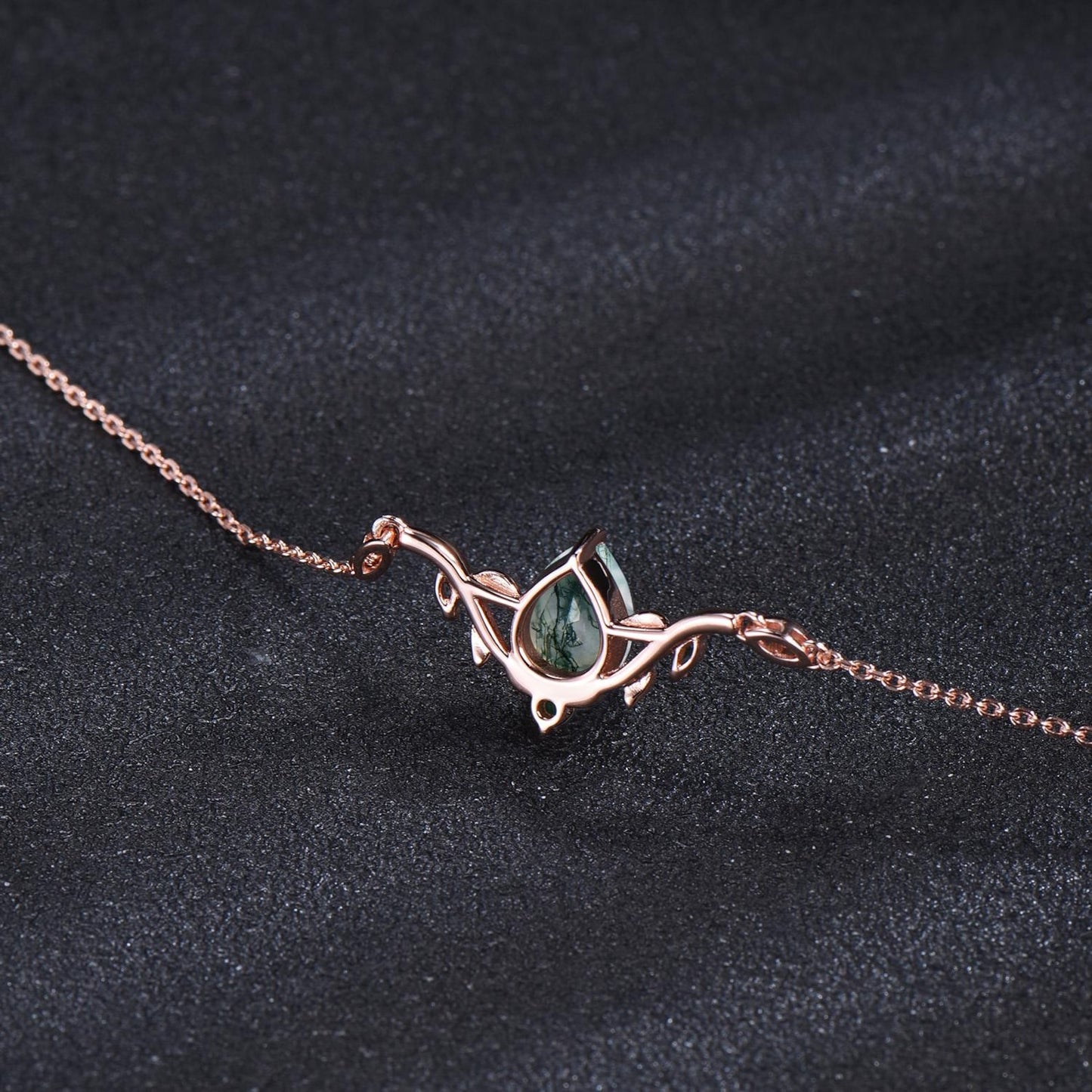 Rose Gold Branch Leaf Bracelet Nature Inspired Wedding Bracelet Pear Shaped Natural Moss Agate Bracelet Boho Bridal Jewelry Proposal Gift