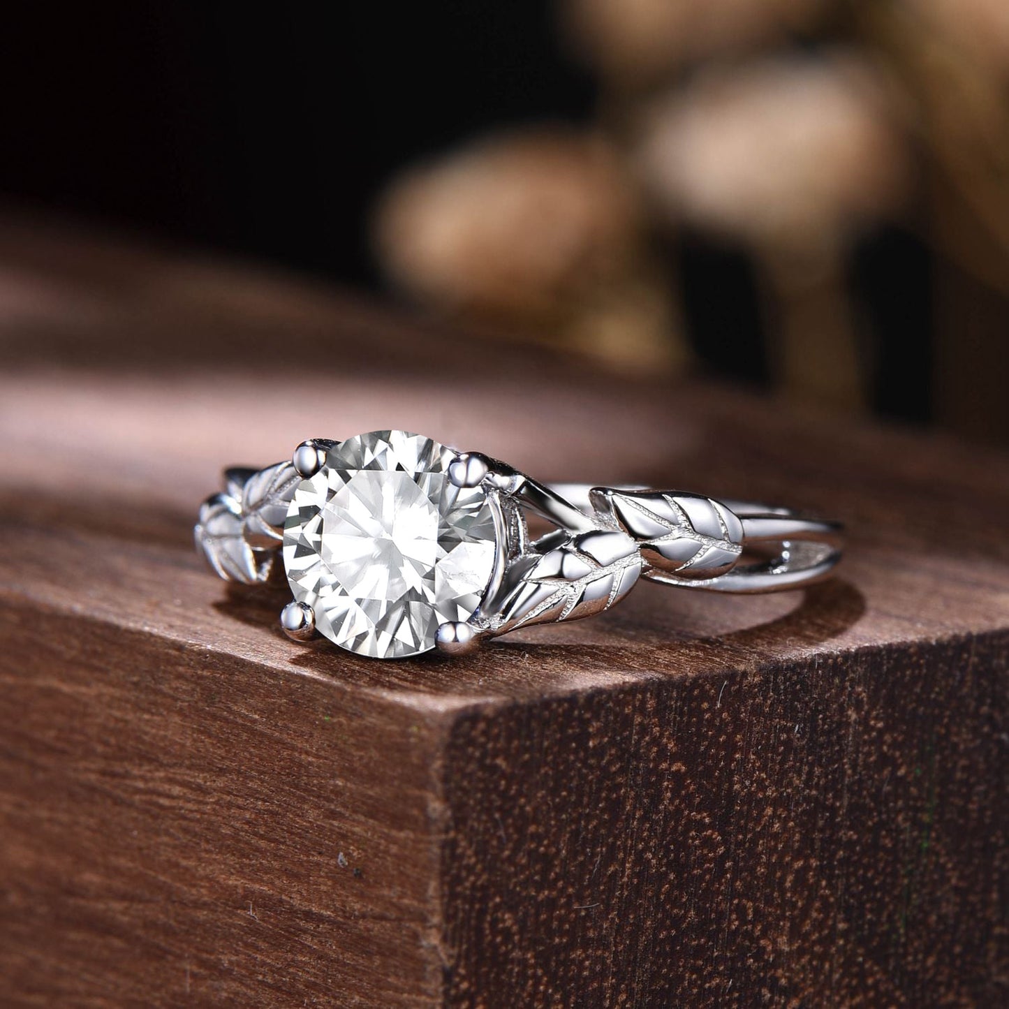 1ct Round Moissanite Engagement Ring Vintage Nature Inspired Moissanite Diamond Rings Leaf Branch Wedding Ring Unique Solitaire Promise Ring
