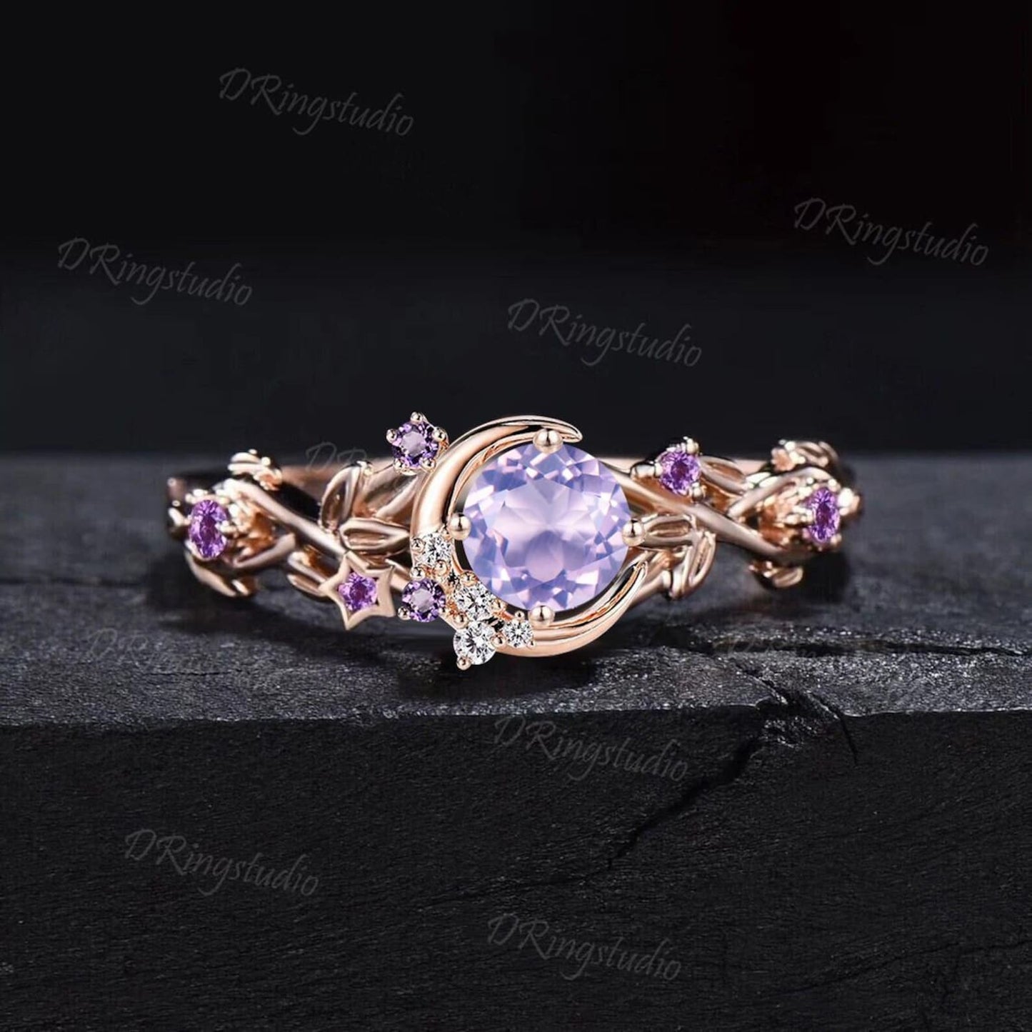 Unique Moon Leaf Wedding Ring 5mm Round Cut Natural Lavender Amethyst Engagement Ring Cluster Amethyst Bridal Promise Ring Anniversary Gift